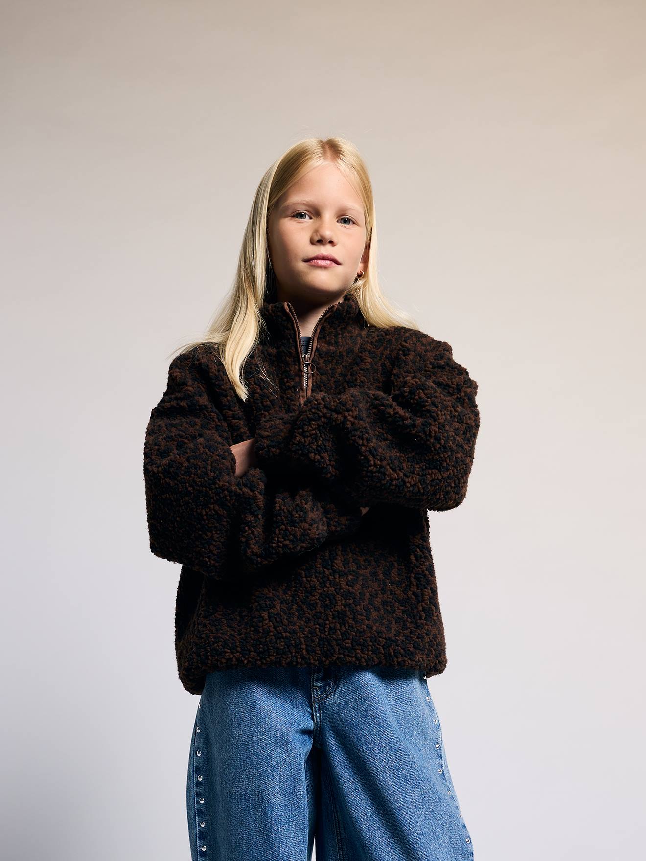 Sweat sherpa fille col montant zippé chocolat