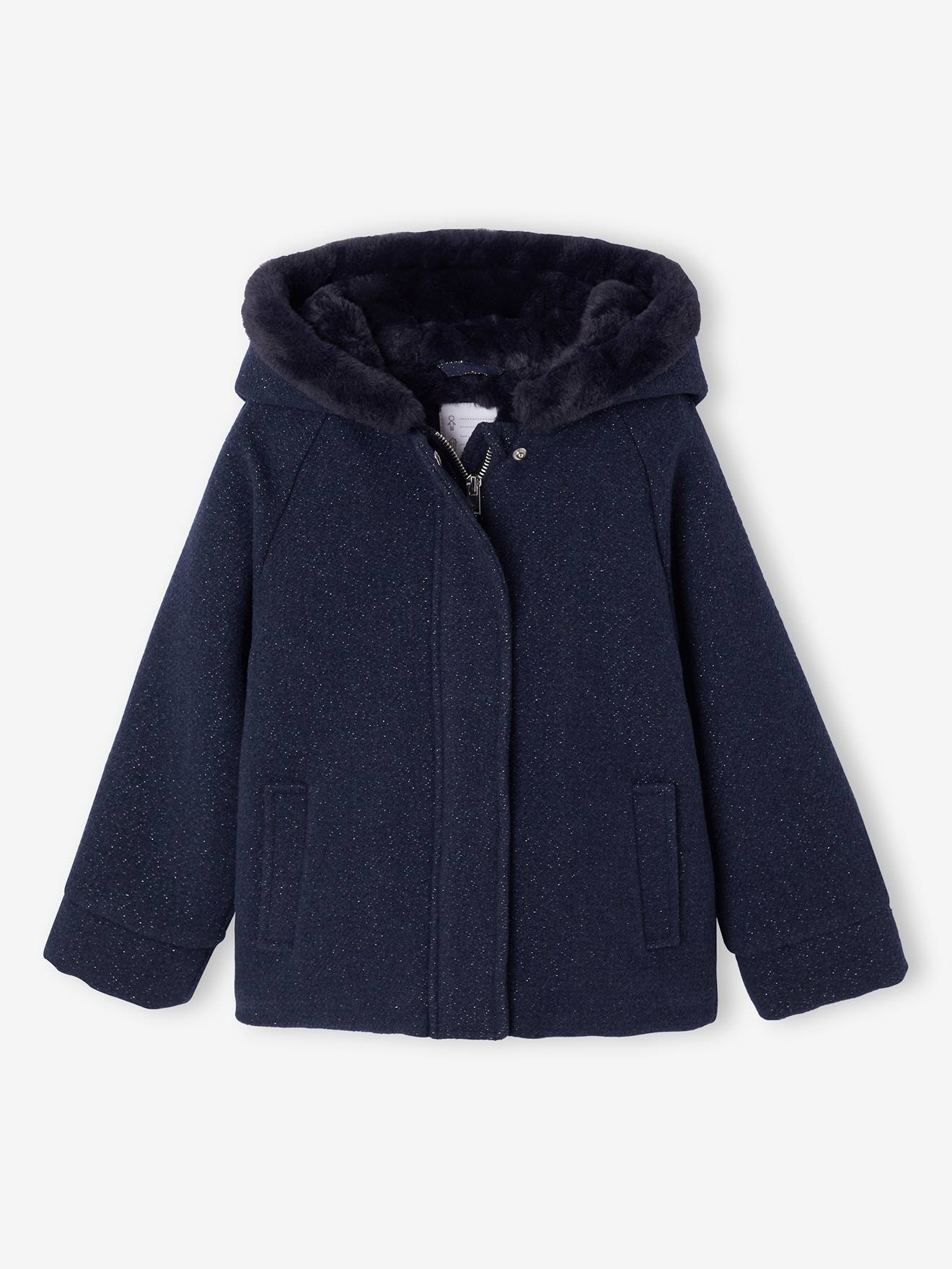 Manteau fille à capuche drap de laine marine