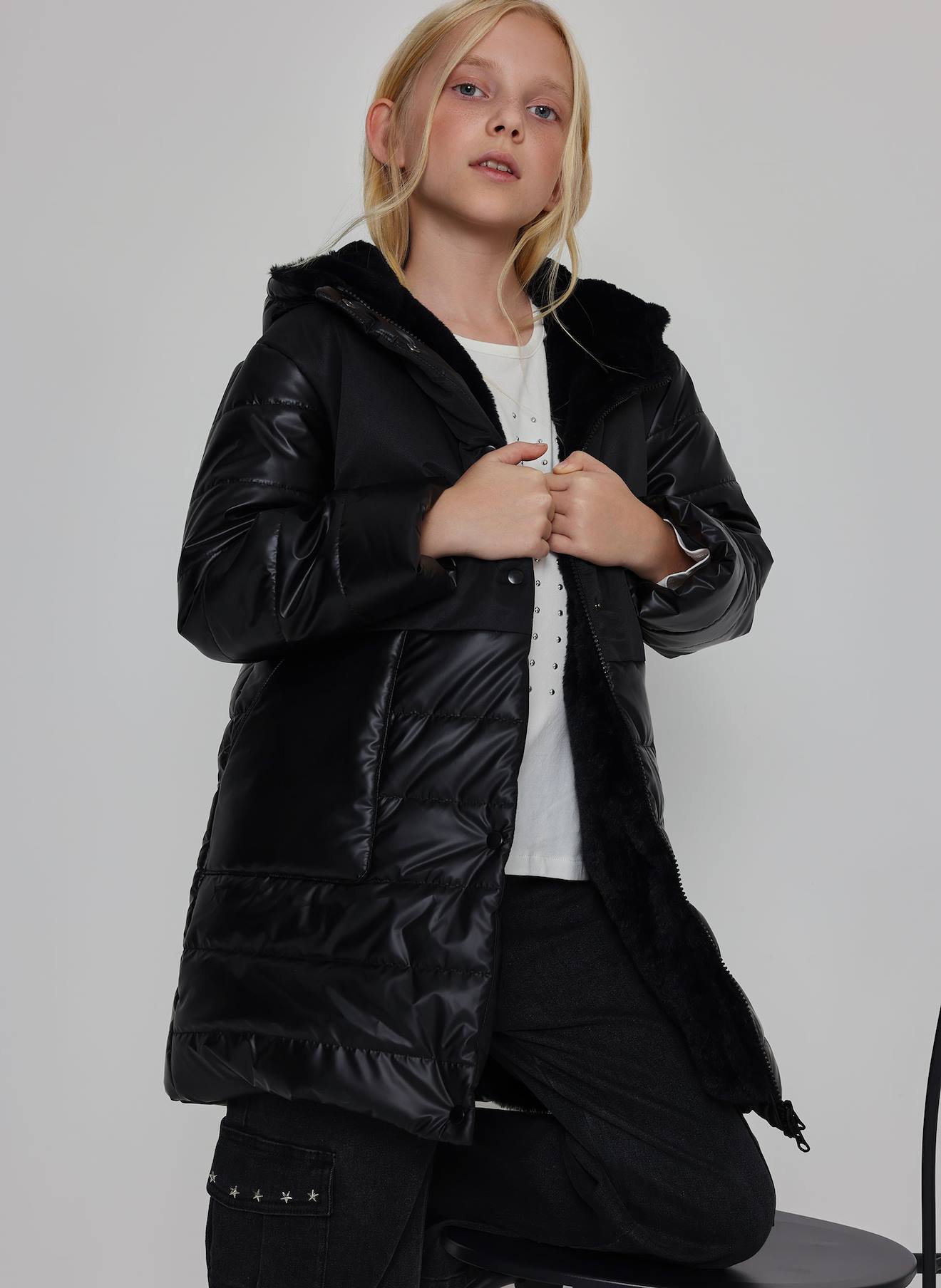 Parka Fille En Tissu Technique À Capuche Noir