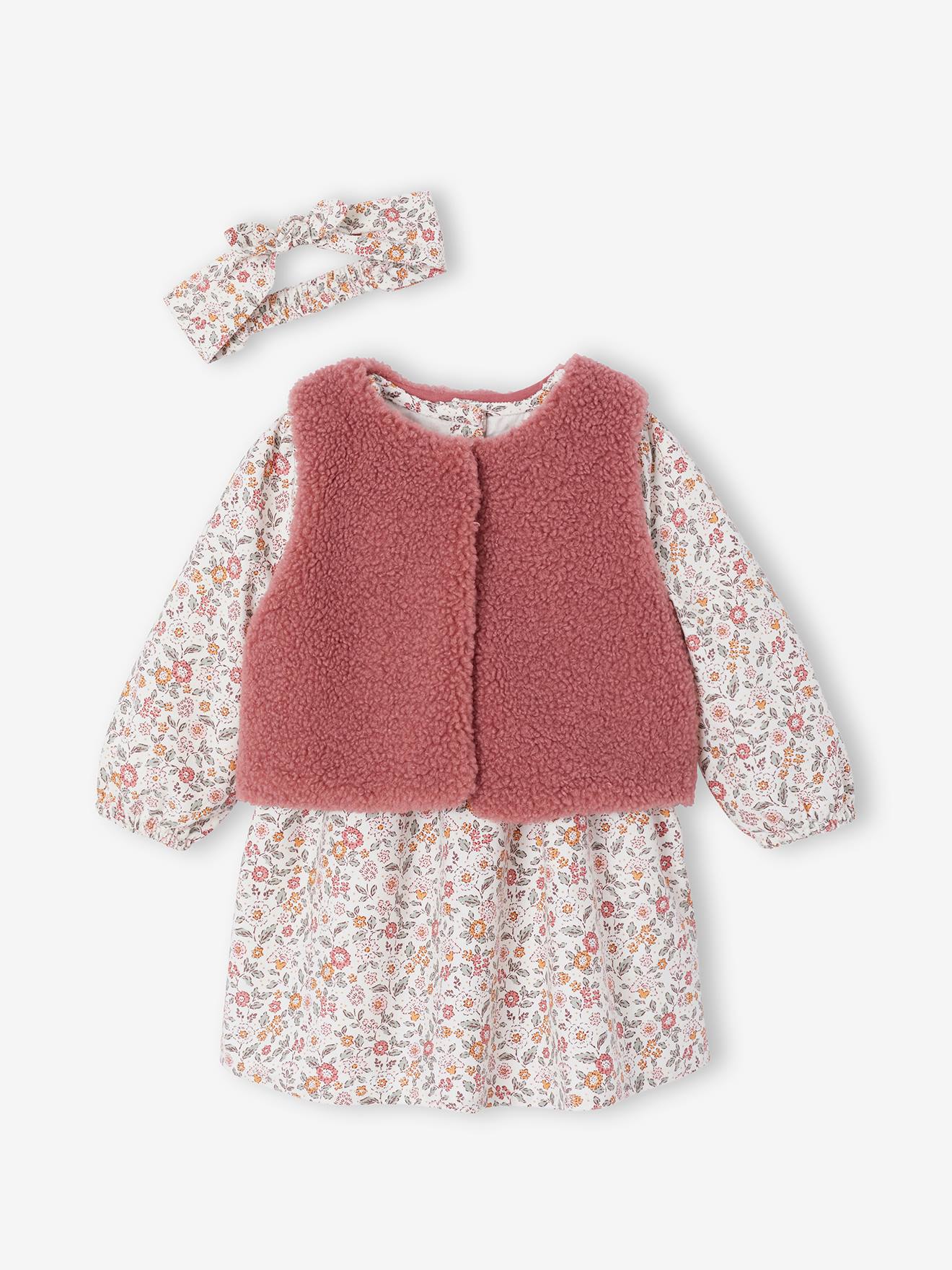 Coffret bébé robe + gilet + bandeau vieux rose