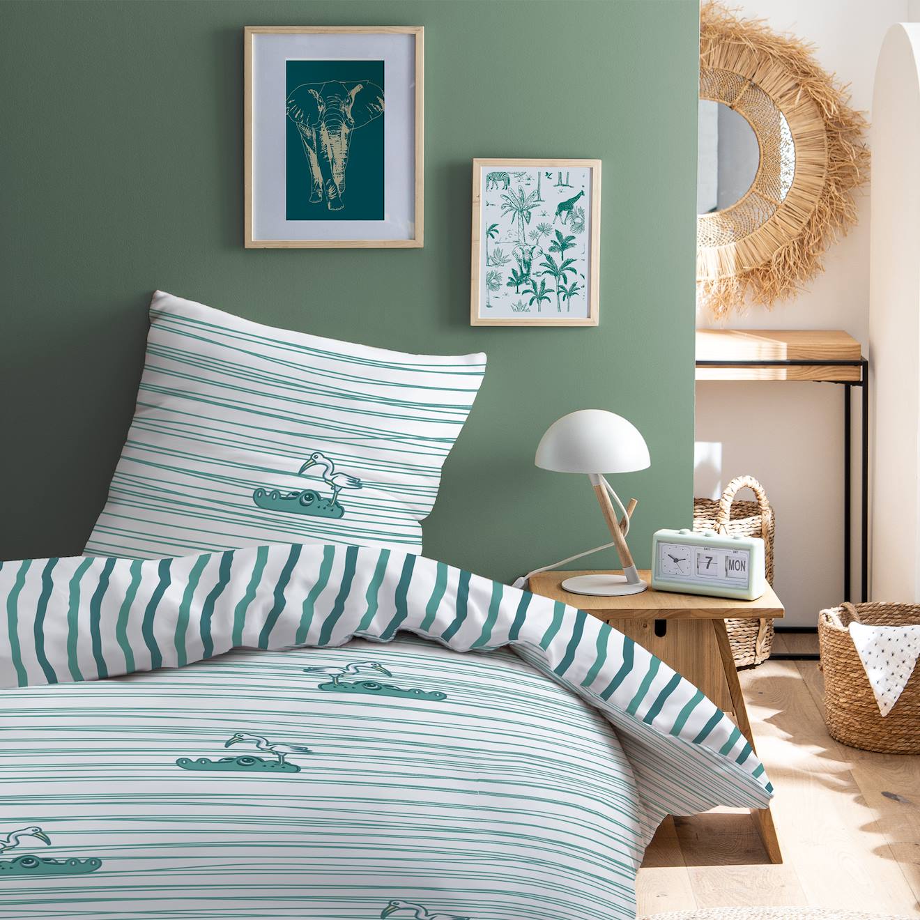 Parure De Lit Imprimée 100% Coton, Croco Vert