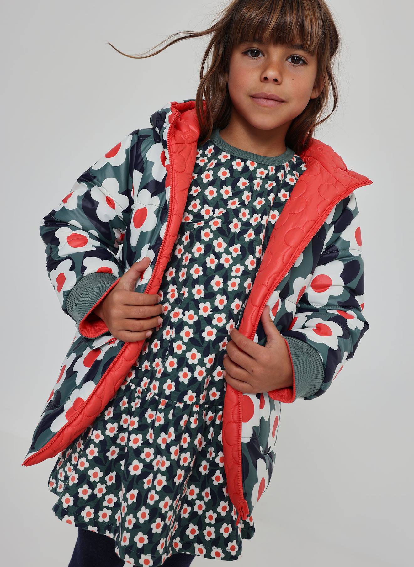 Parka Fille Réversible Tissu Technique Imprimé Fleurs Multicolore