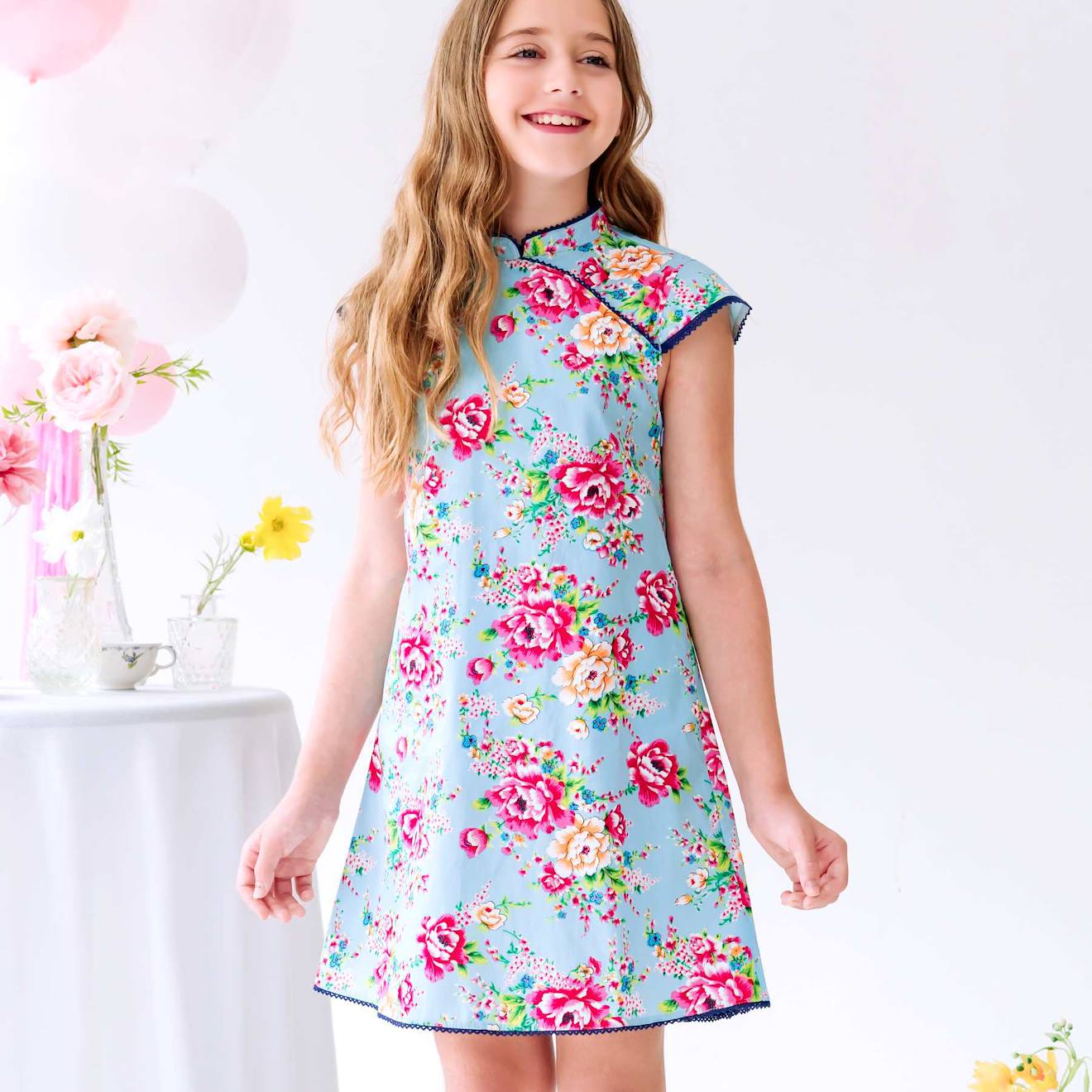 Robe Col Mao Fille Fleurie Bleu Turquoise Annam Bleu