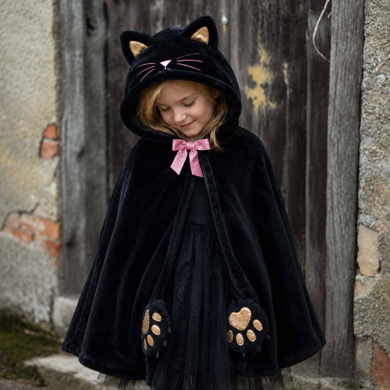 Cape De Chat Enfant En Velours Avec Capuche Et Queue Noir Cape De Chat Enfant En Velours Avec Capuche Et Queue Noir