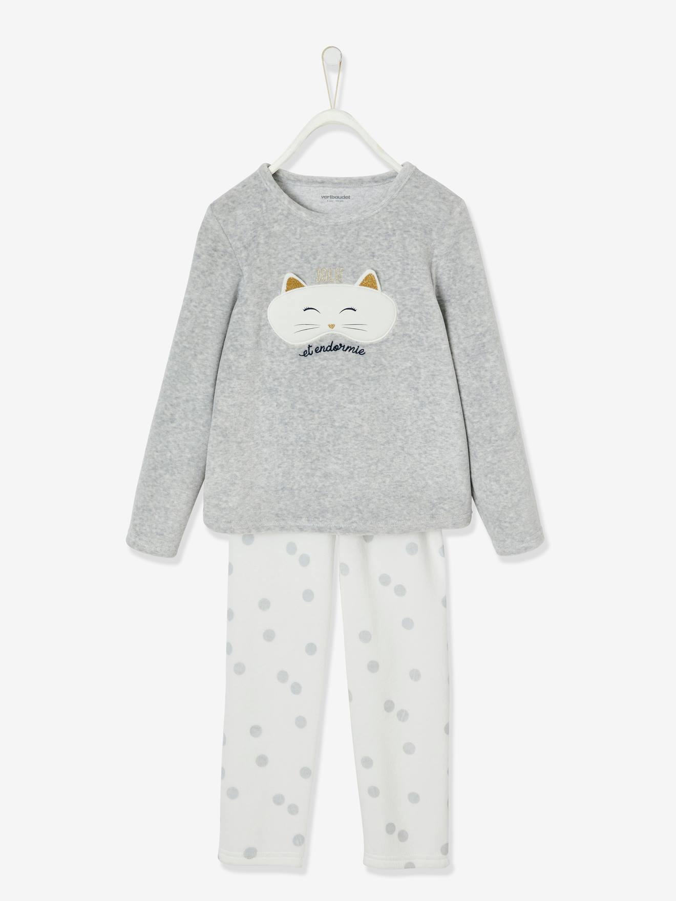 Pyjama en velours masque de chat fille gris