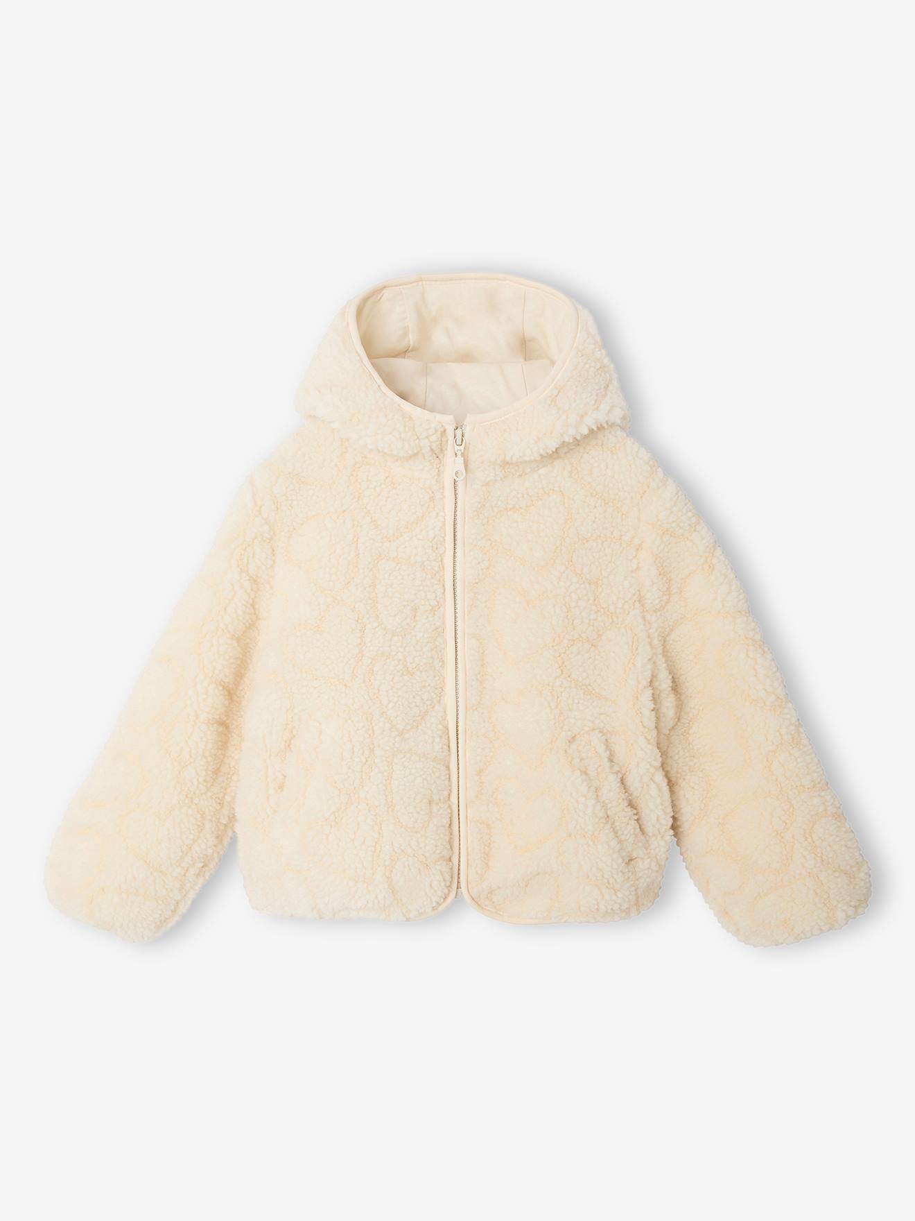 Veste fille à capuche sherpa imprimée léopard écru