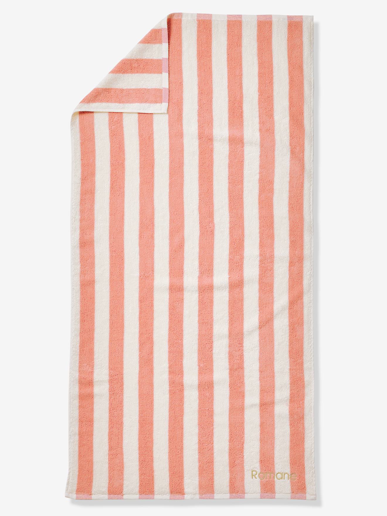 Serviette de bain rayée TRANSAT personnalisable, avec coton recyclé rayé rose Serviette de bain rayée TRANSAT personnalisable, avec coton recyclé rayé rose