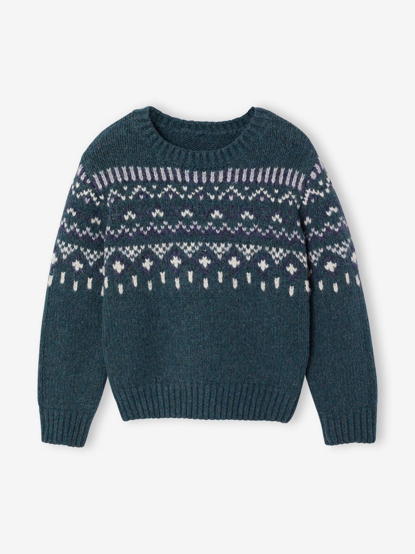 Pull jacquard col rond vert