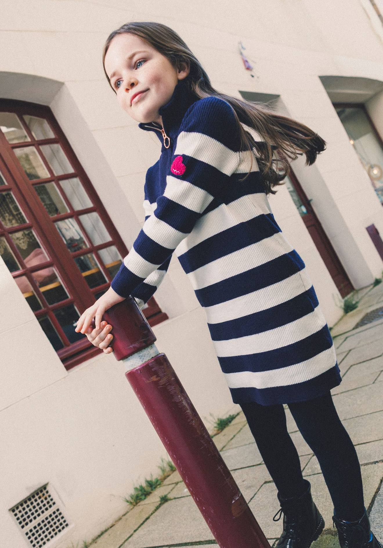 Robe Manches Longues Fille Fond Indigo Raye Blanc Casse 35$