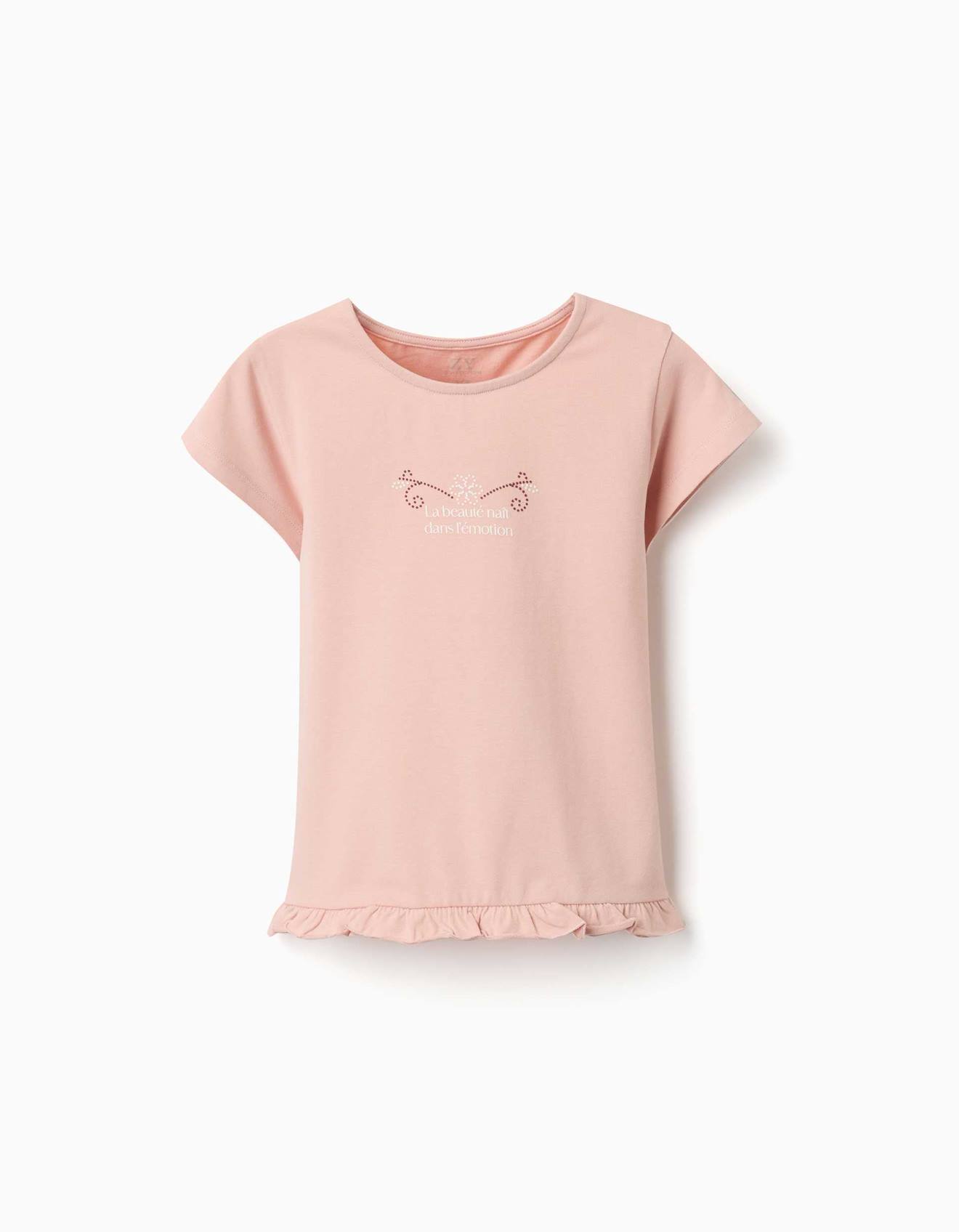 T-shirt En Coton Avec Imprim Et Ourlet Volants Rose Clair 15$