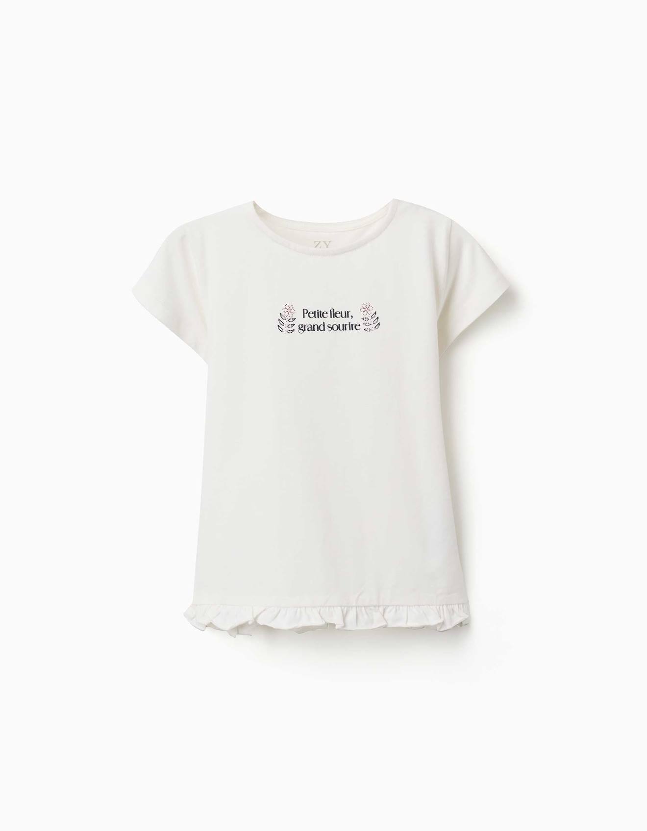 T-shirt En Coton Avec Imprim Et Ourlet Volants Blanc 15$