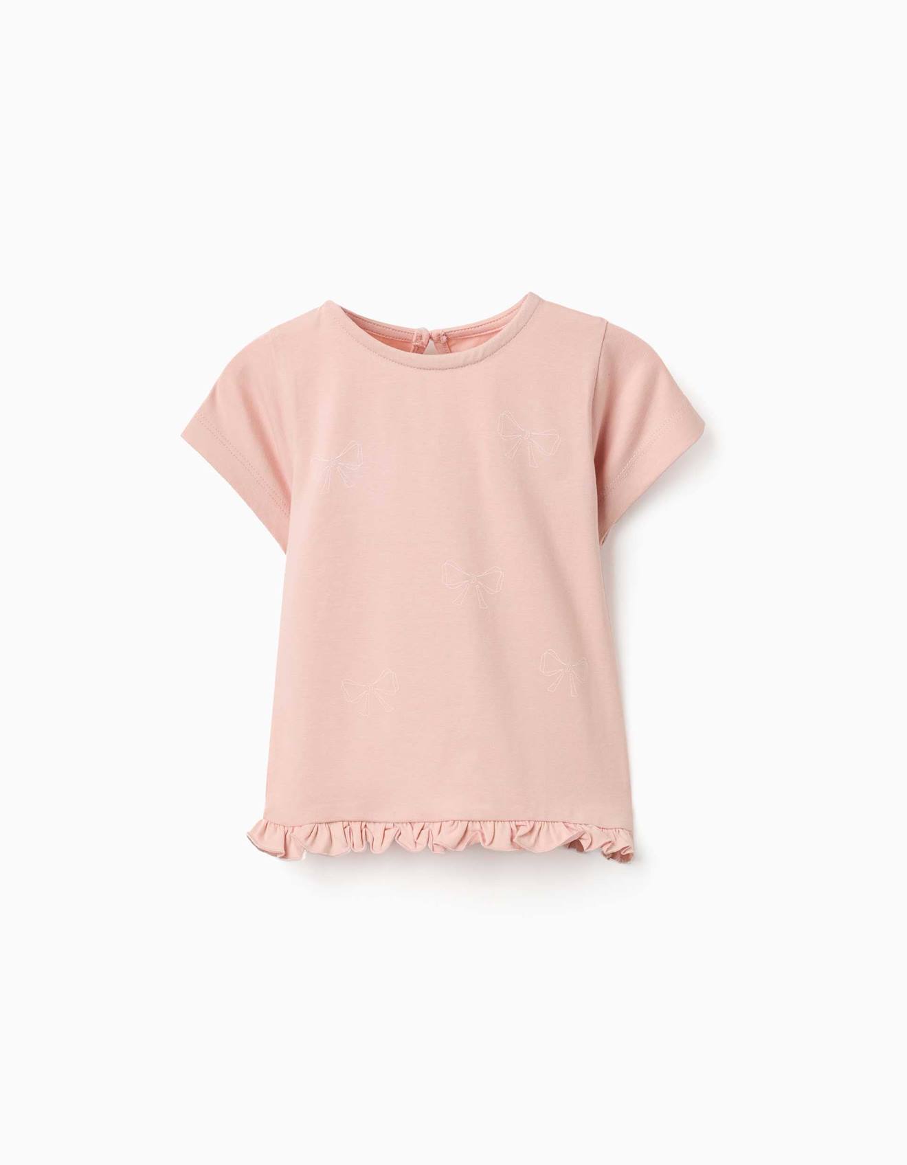T-shirt En Coton Avec Imprim Et Ourlet Volants Rose Clair 15$