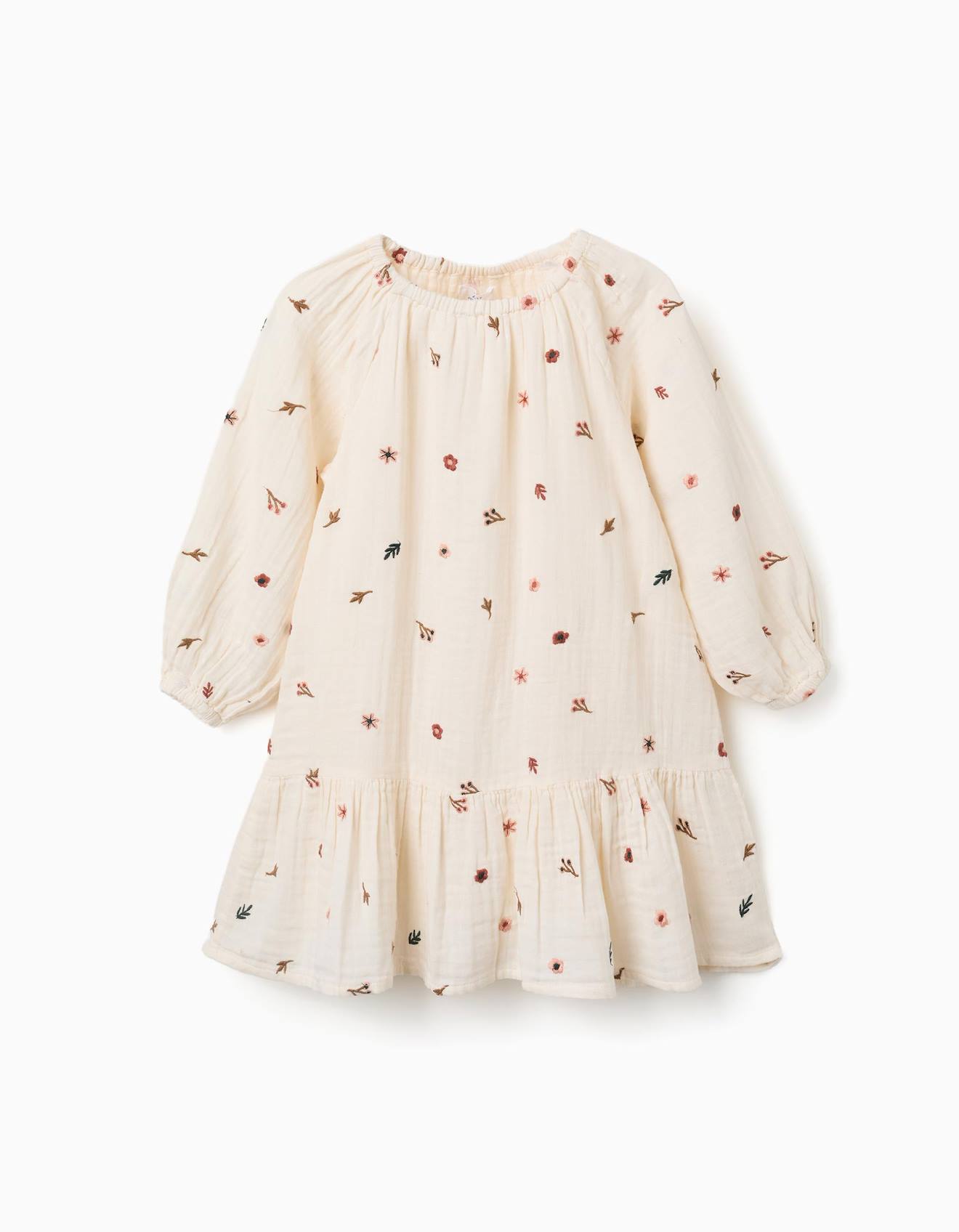 Robe En Coton À Manches Longues Avec Broderie Florale Blanc