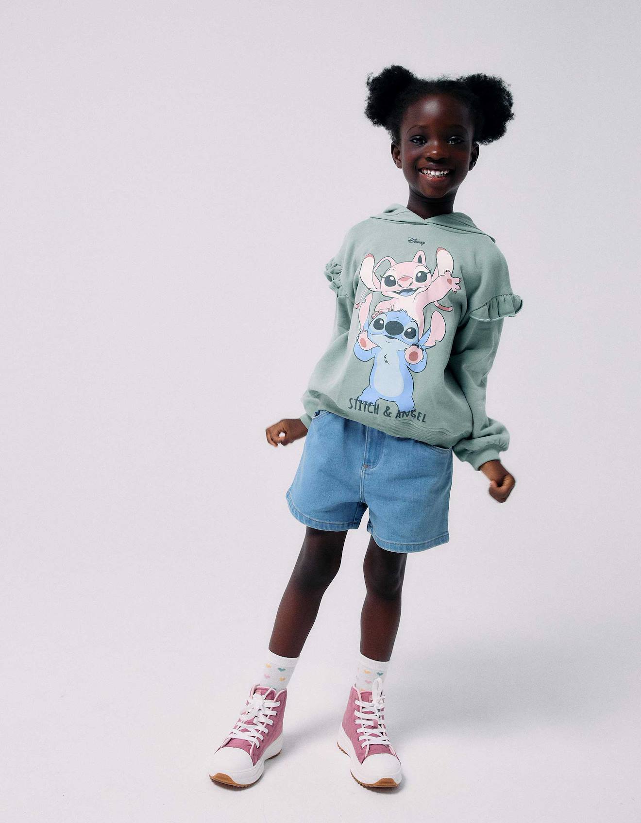 Sweat En Coton Peign Capuche Et Imprim Stitch Angel Vert 33$