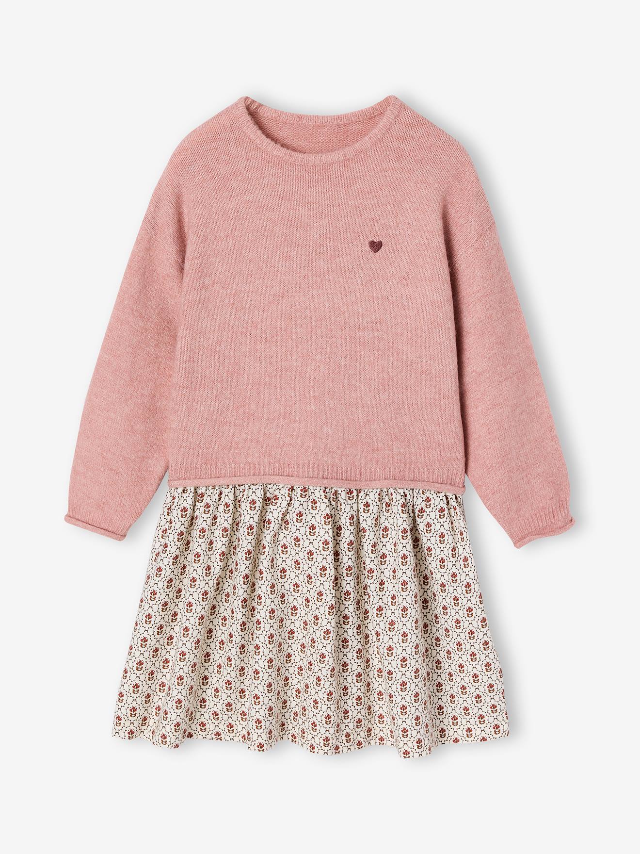 Robe 2 en 1 manches longues fille rose poudré