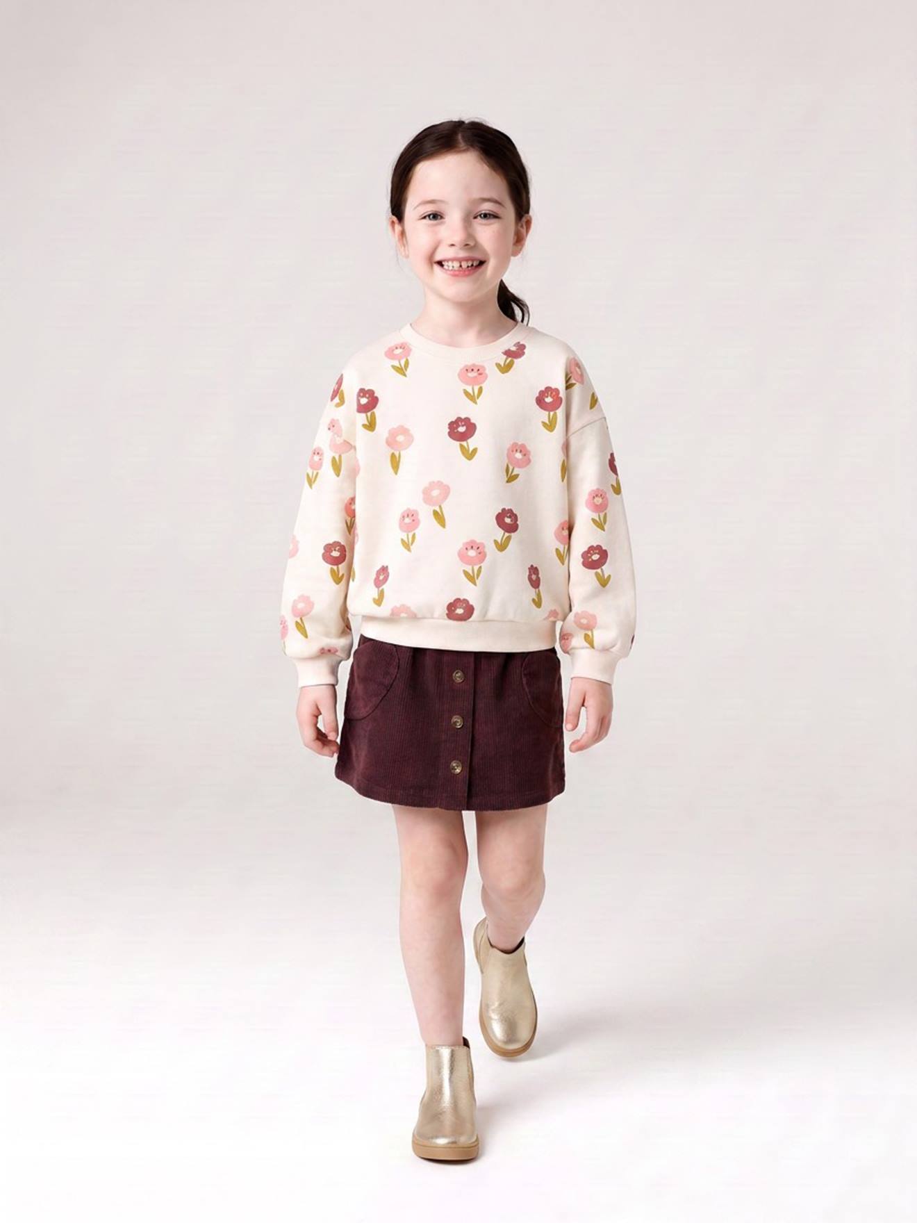 Jupe en velours poches coeur fille mauve