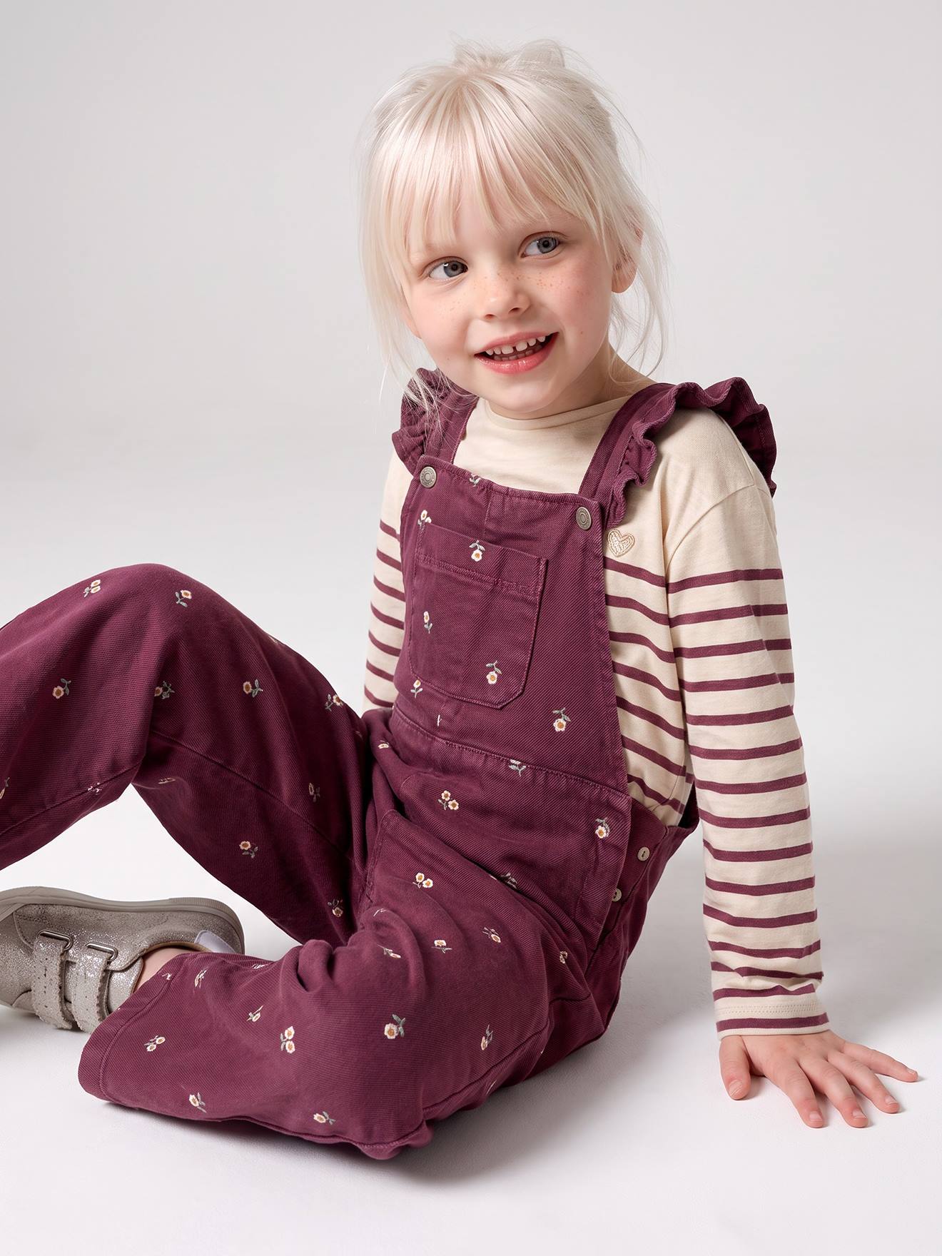 Tee-shirt marinière fille manches longues prune