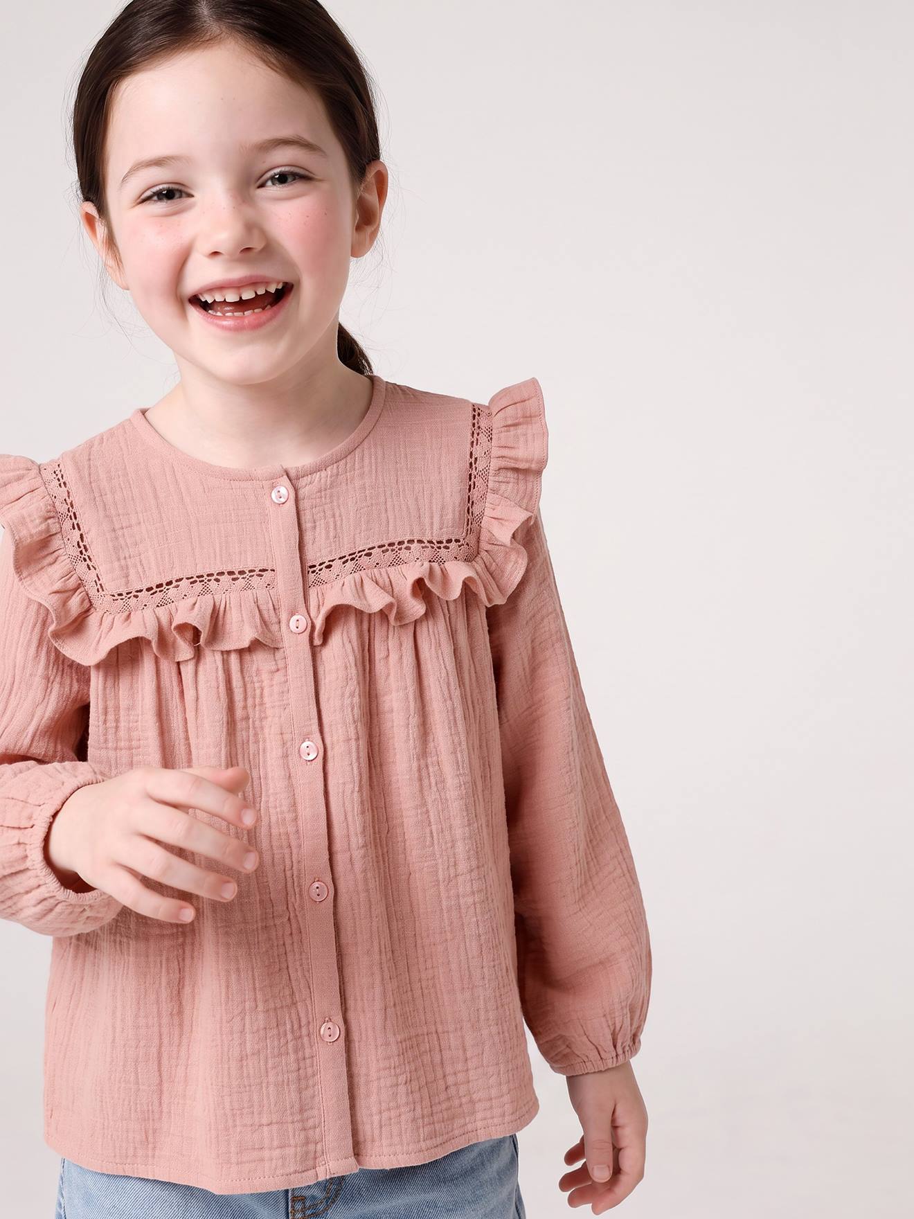 Chemise manches longues fille rose poudré