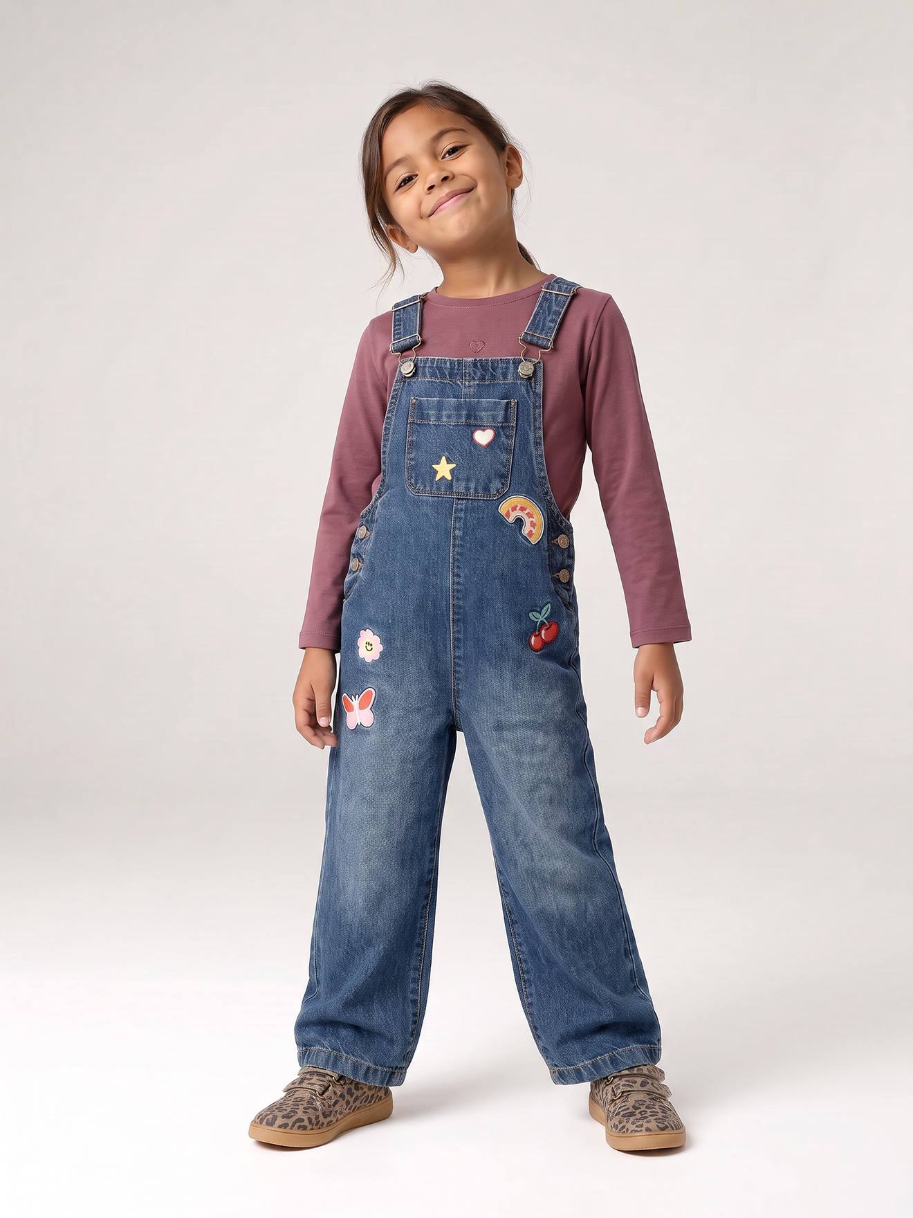 Salopette fille large en denim bleu moyen