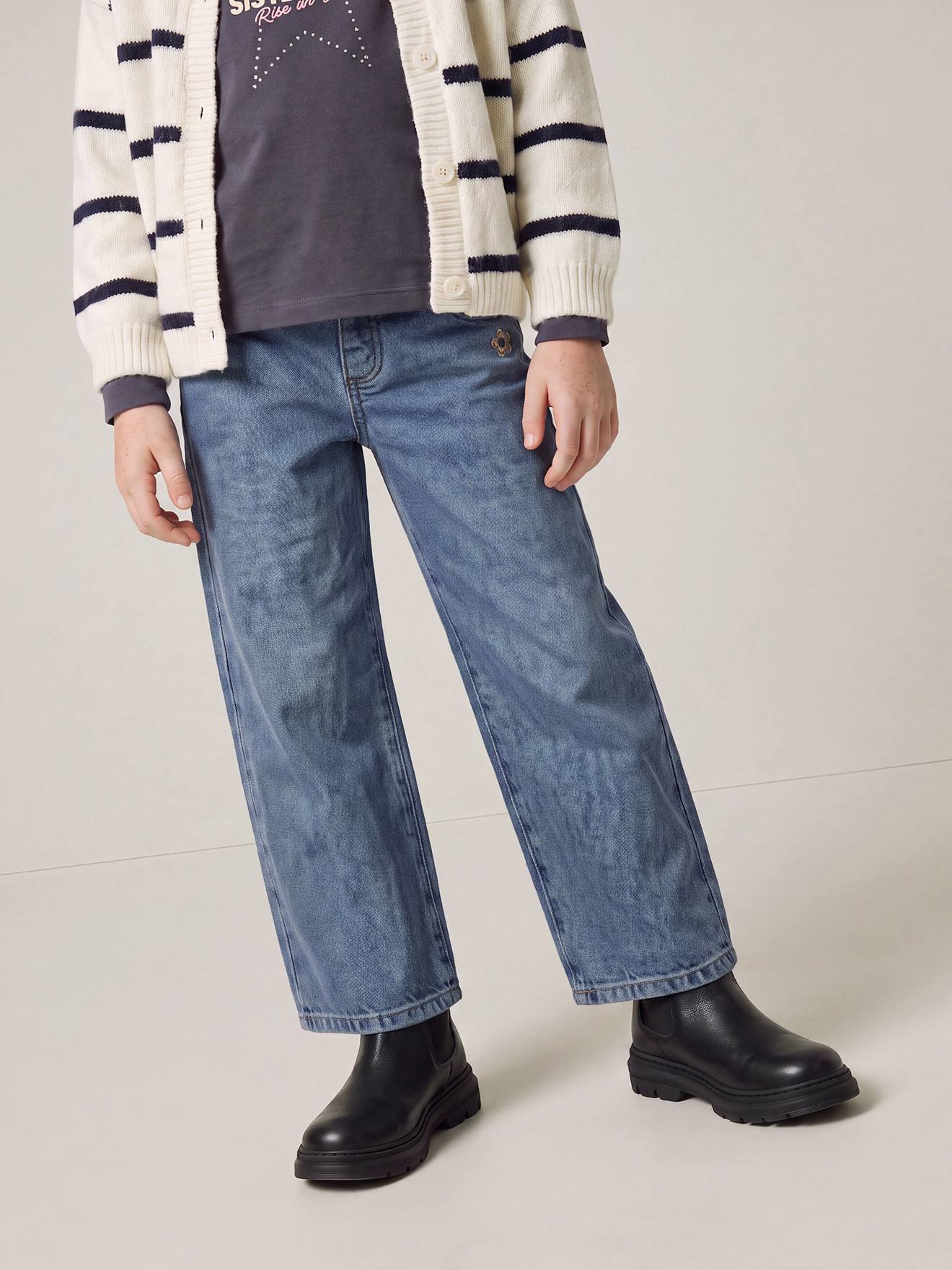 Pantalon fille large couleur bleu grisé