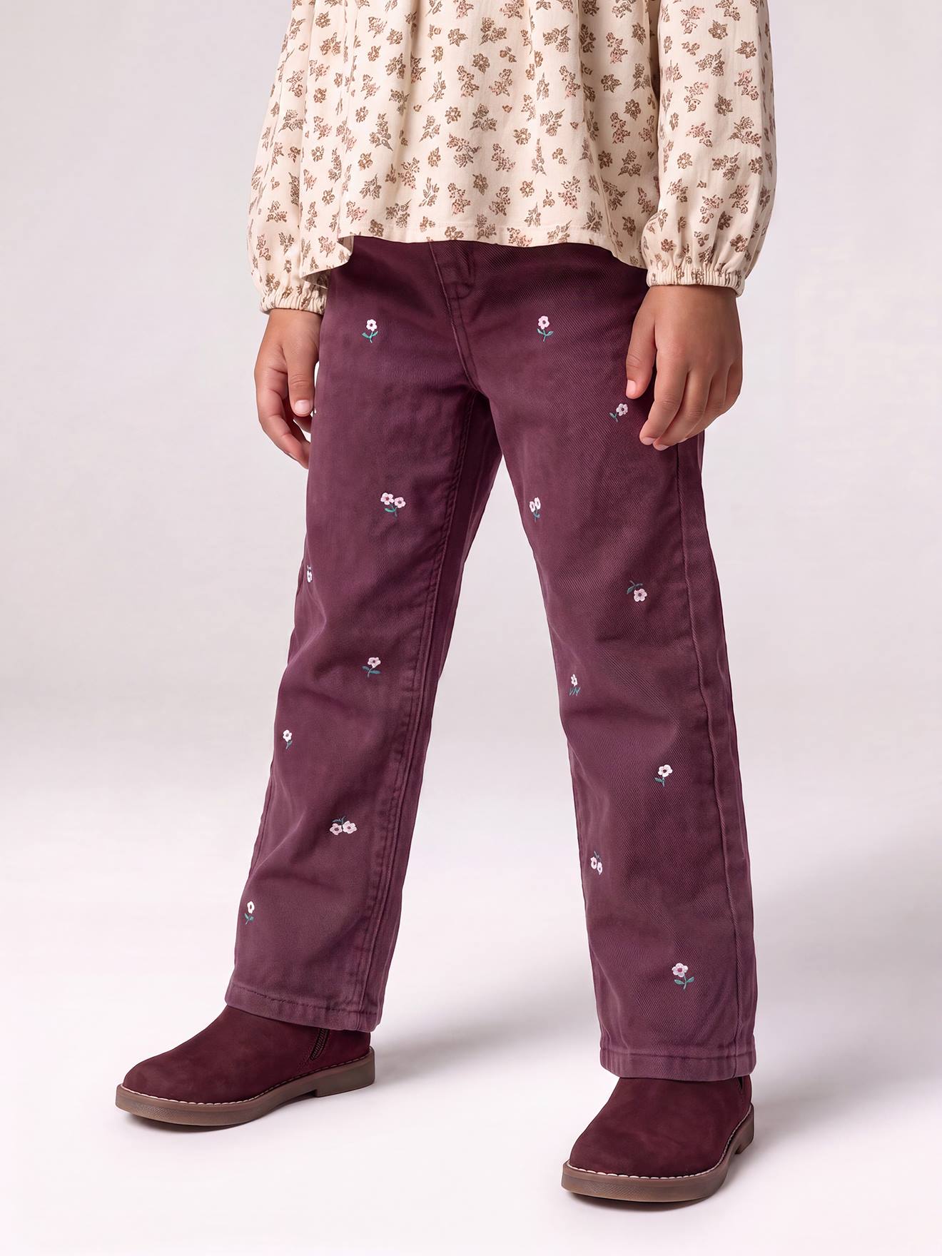 Pantalon mom fille brodé prune