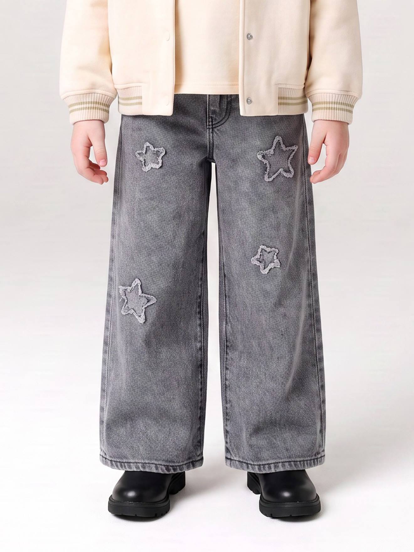 Jean large fille étoiles denim gris