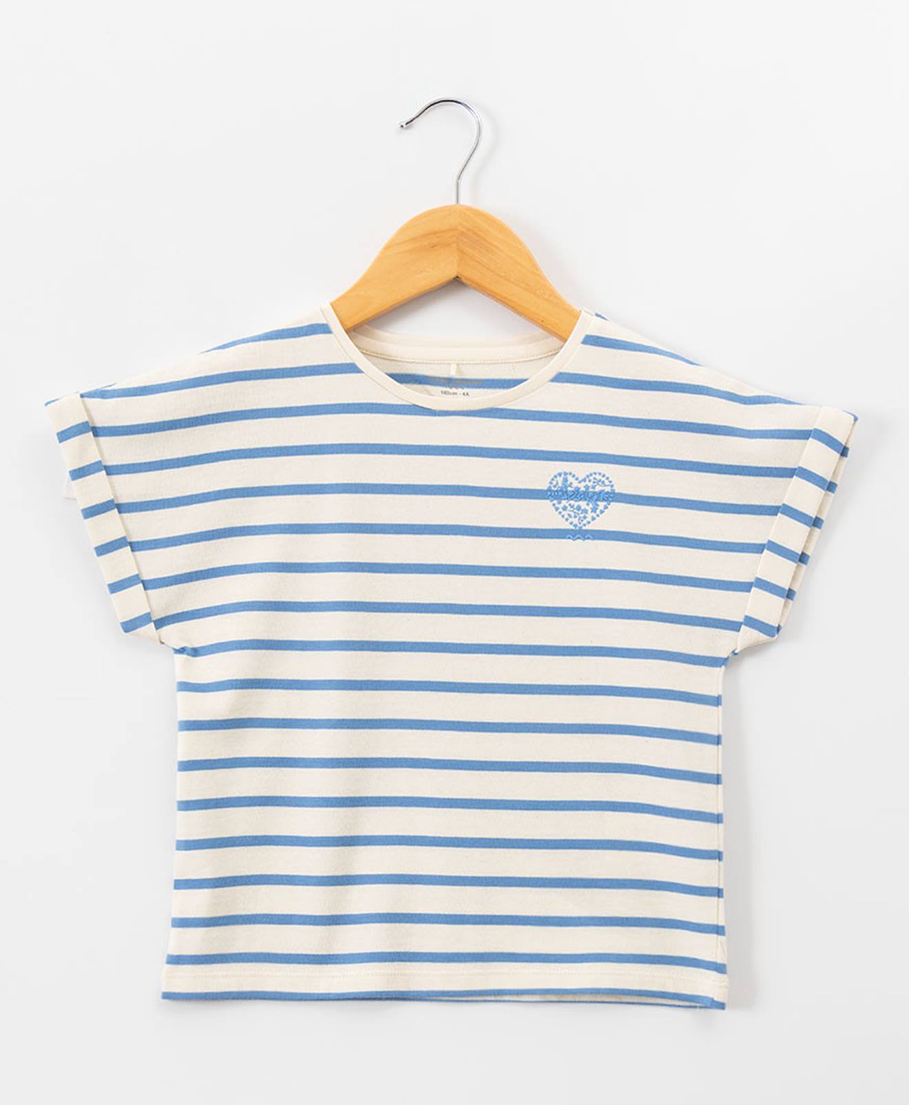 Mariniere Manches Courtes 100 Coton Fille Fond Grege Raye Bleu 16$