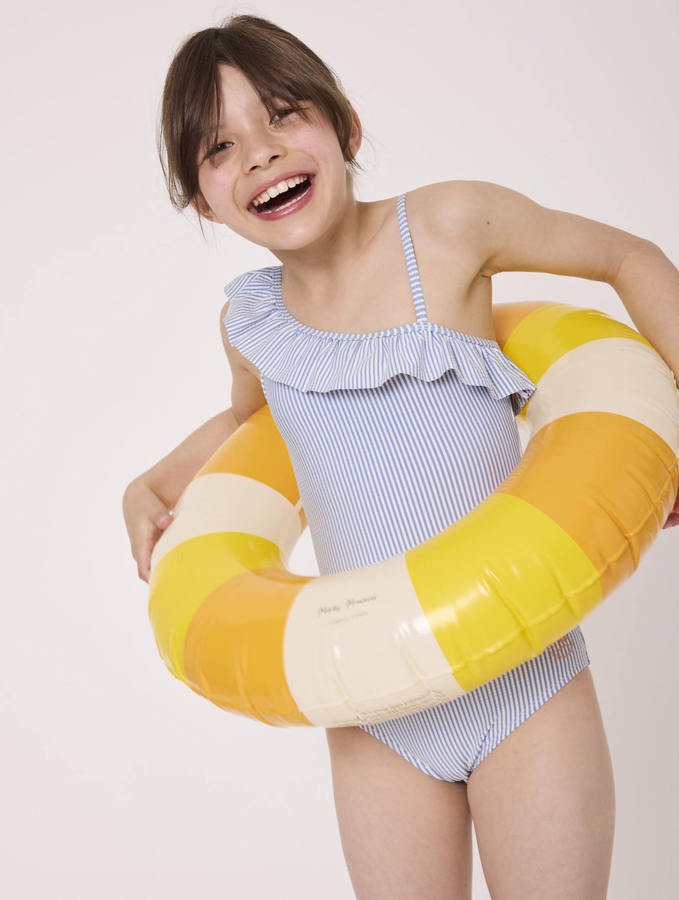 Maillot De Bain Fille Fond Blanc Raye Bleu