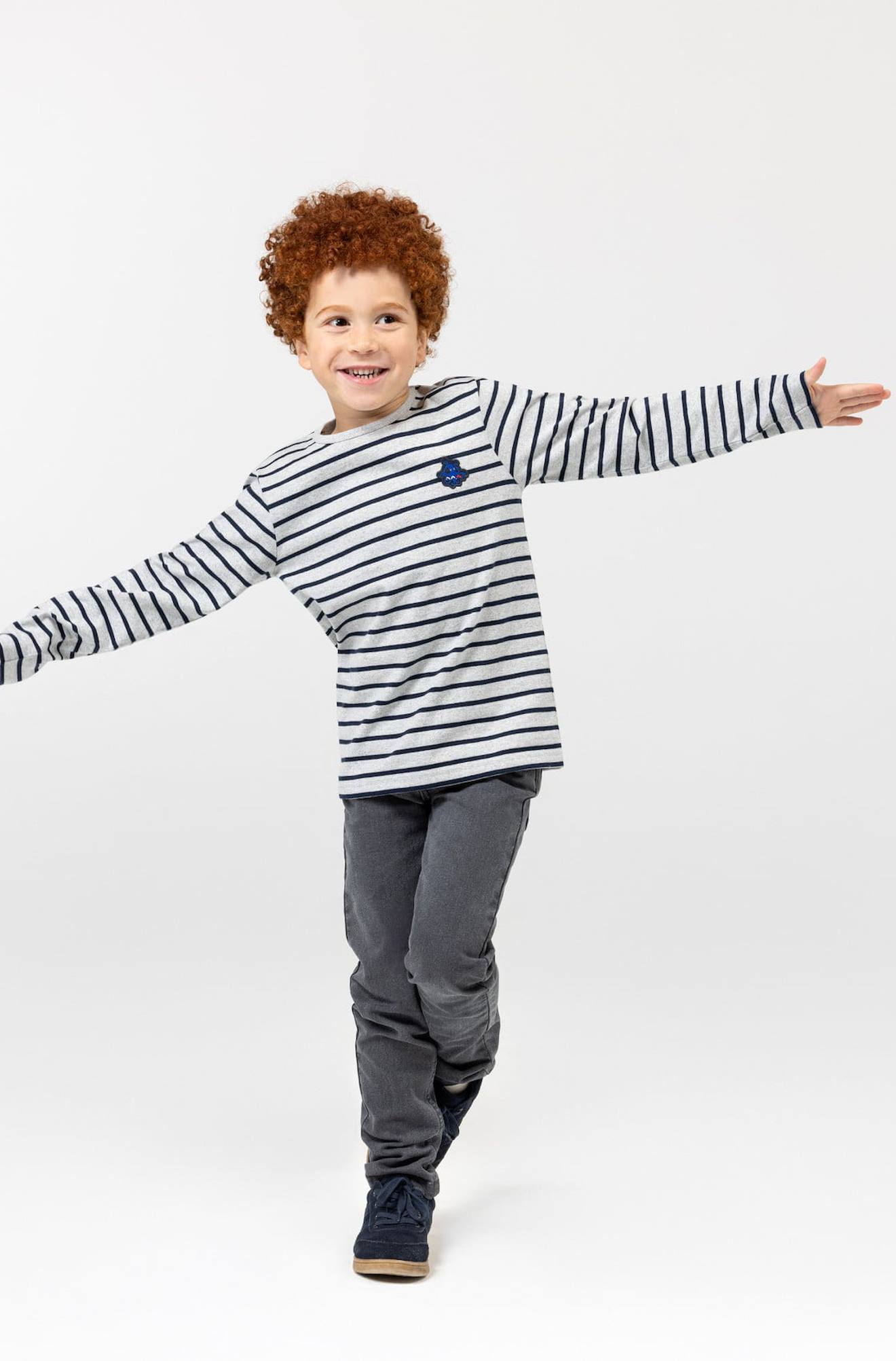 Mariniere Manches Longues 100 Coton Garon Fond Gris Chine Raye Indigo 19$