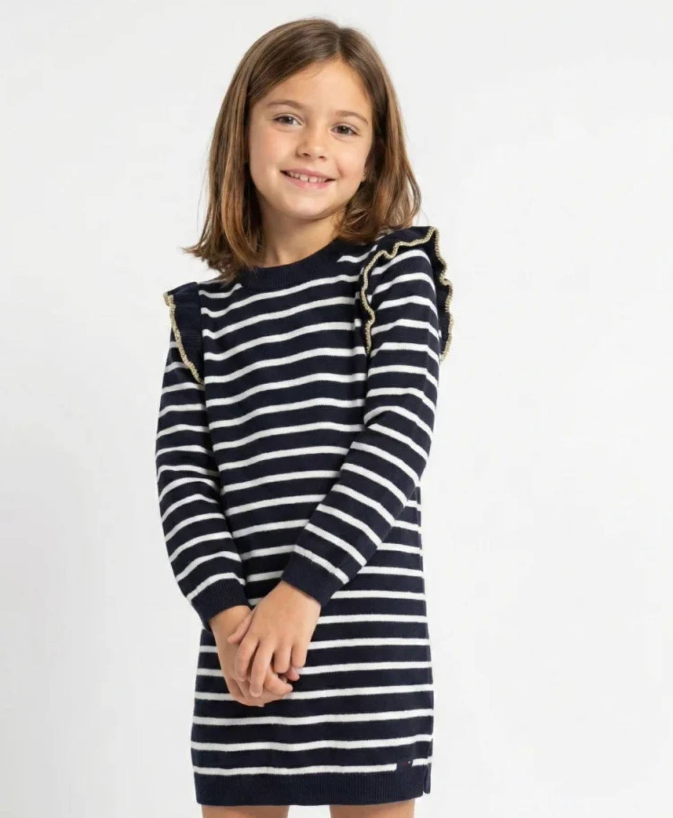 Robe Manches Longues 100 Coton Fille Fond Naturel Raye Indigo 36 €