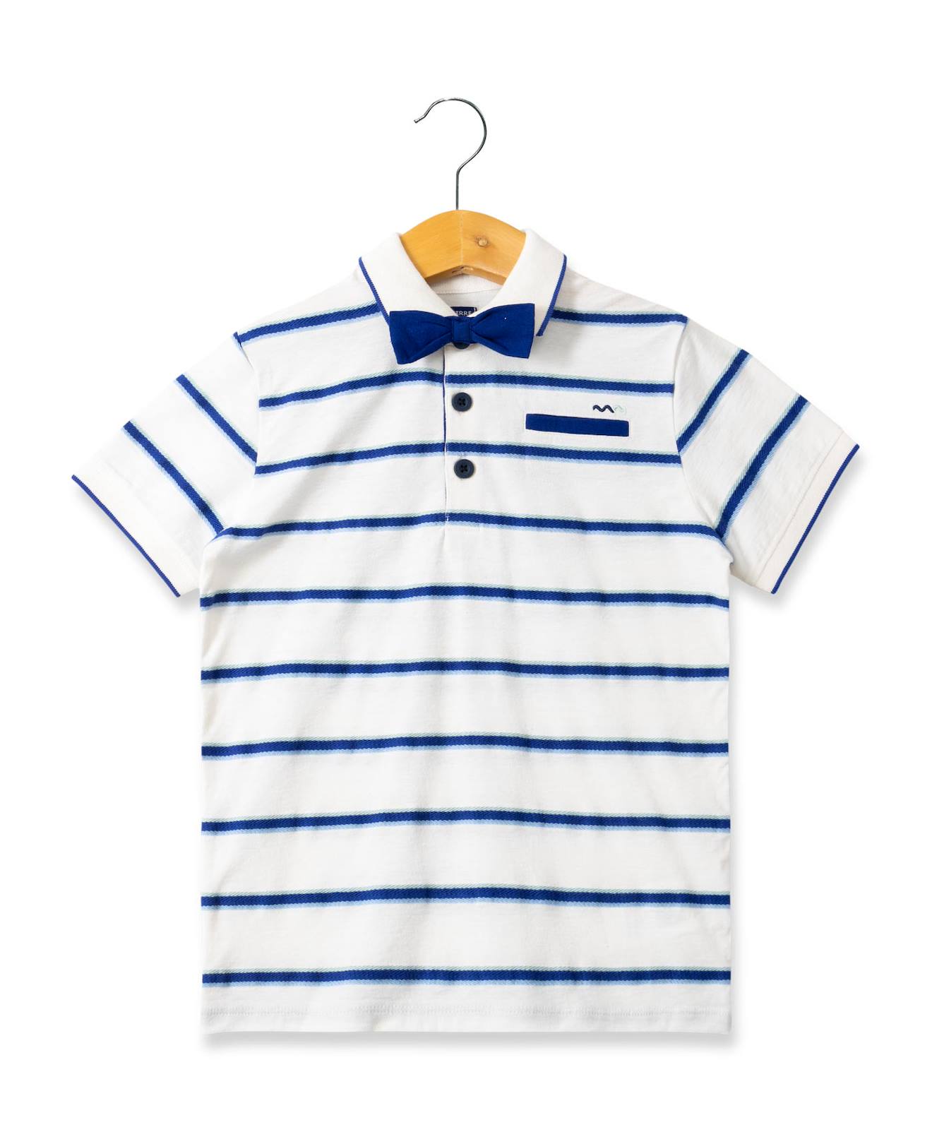 Polo Manches Courtes 100% Coton Garçon Fond Naturel Raye Bleu