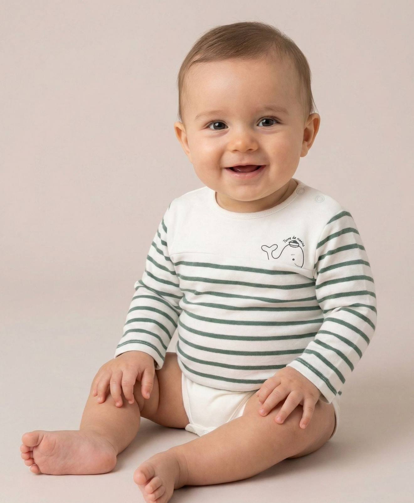 Body Manches Longues Bébé Fond Naturel Raye Kaki