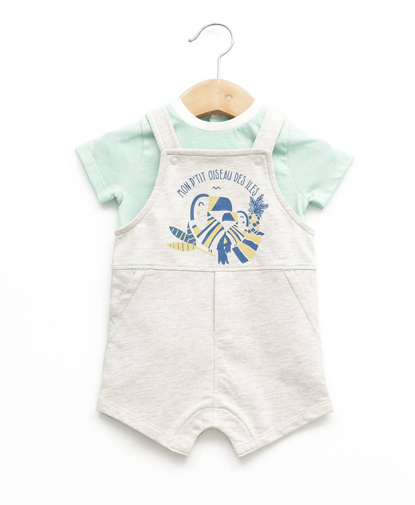 Ensemble Salopette + Haut 100% Coton Bébé Garçon Gris Chine Clair