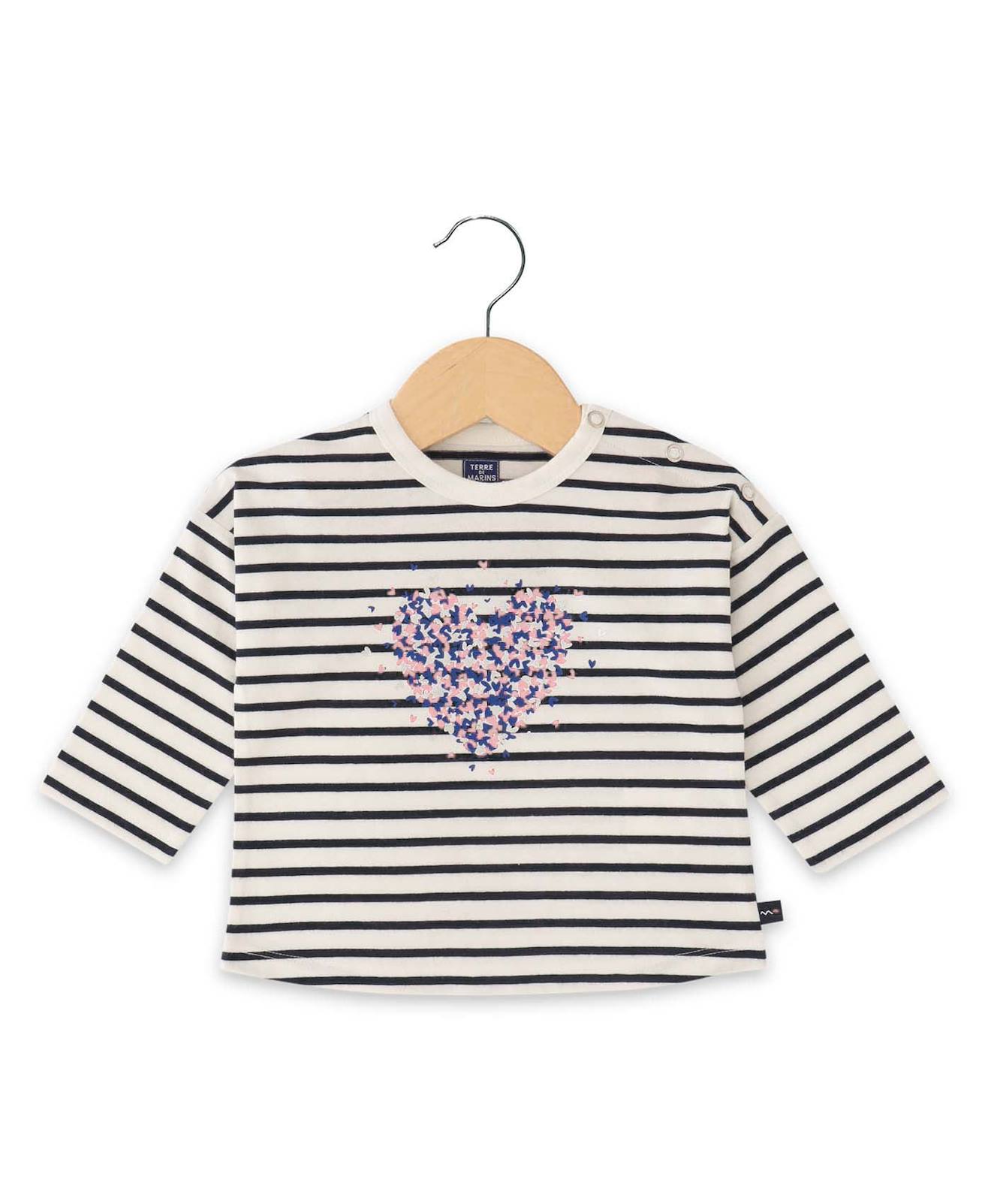Mariniere Manches Longues 100% Coton Bébé Fille Fond Blanc Casse Raye Indigo