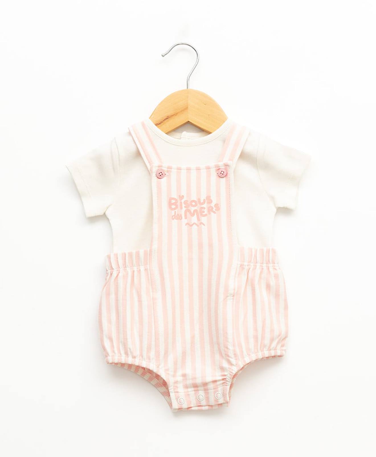 Ensemble Salopette + Haut 100% Coton Bébé Fille Fond Naturel Raye Rose
