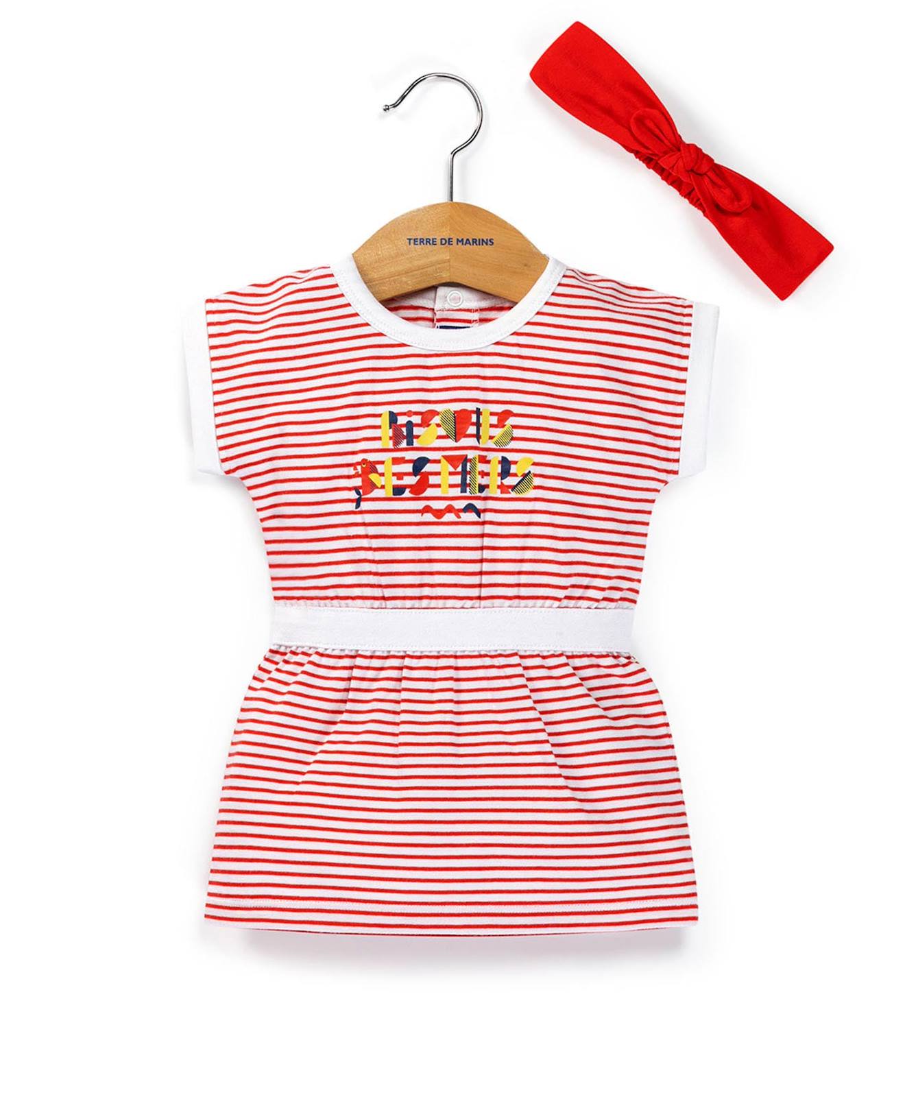 Ensemble Robe Bandeau 100 Coton Bb Fille Fond Blanc Raye Rouge 24$
