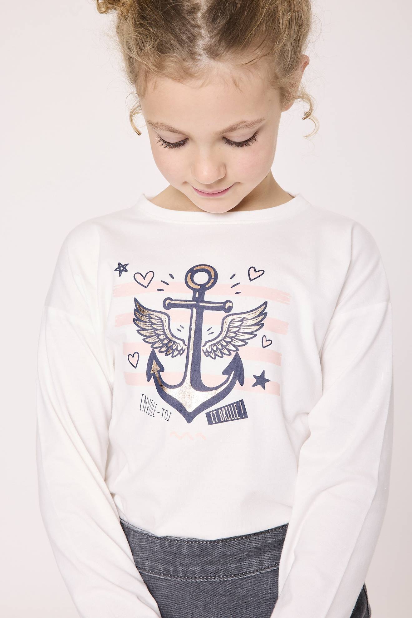 T-shirt Manches Longues 100% Coton Fille Fond Blanc Imprime Magique