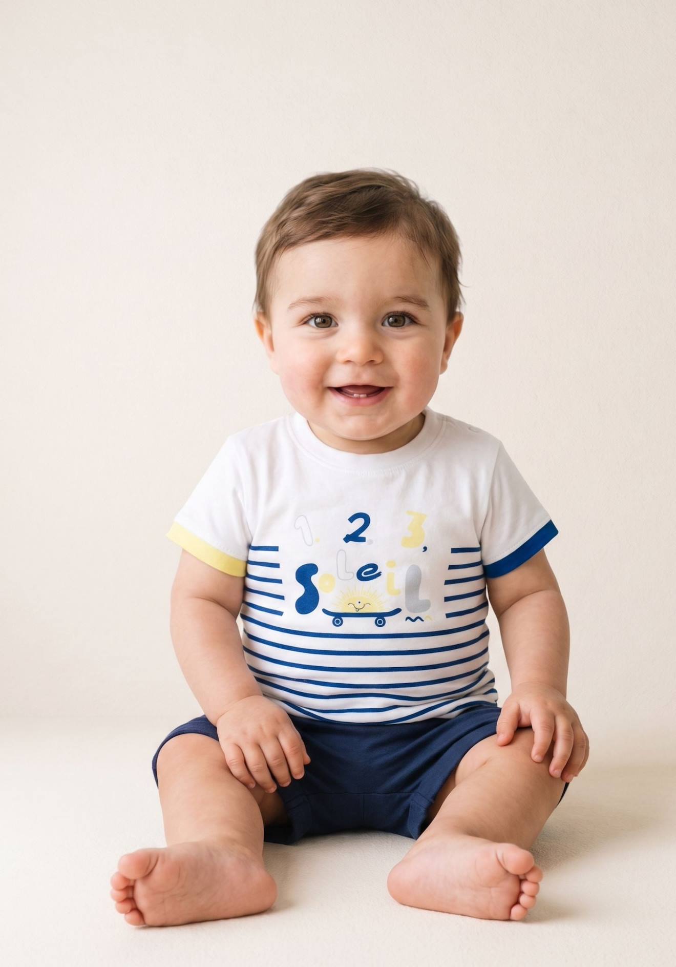 Ensemble Short + Haut 100% Coton Bébé Garçon Fond Naturel Raye Bleu