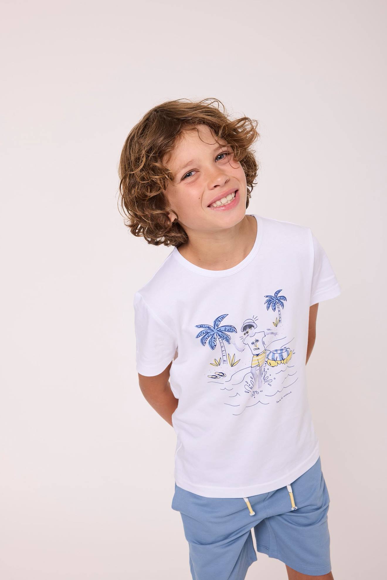 T-shirt Manches Courtes Garon Fond Blanc Imprime Bleu 16$
