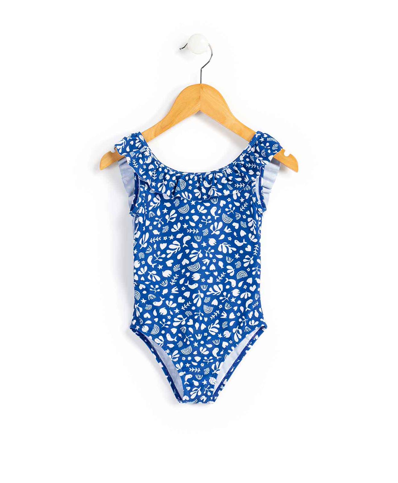 Maillot De Bain Fille Fond Blanc Imprime Bleu 18$