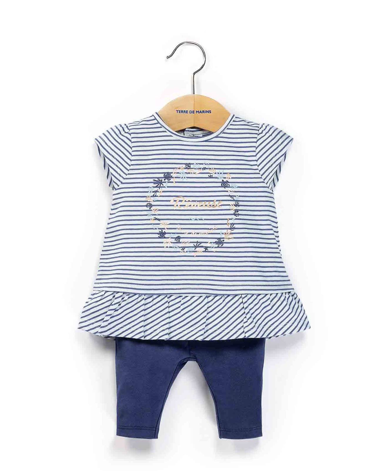 Ensemble Tunique + Leggings 100% Coton Bébé Fille Fond Blanc Raye Marine