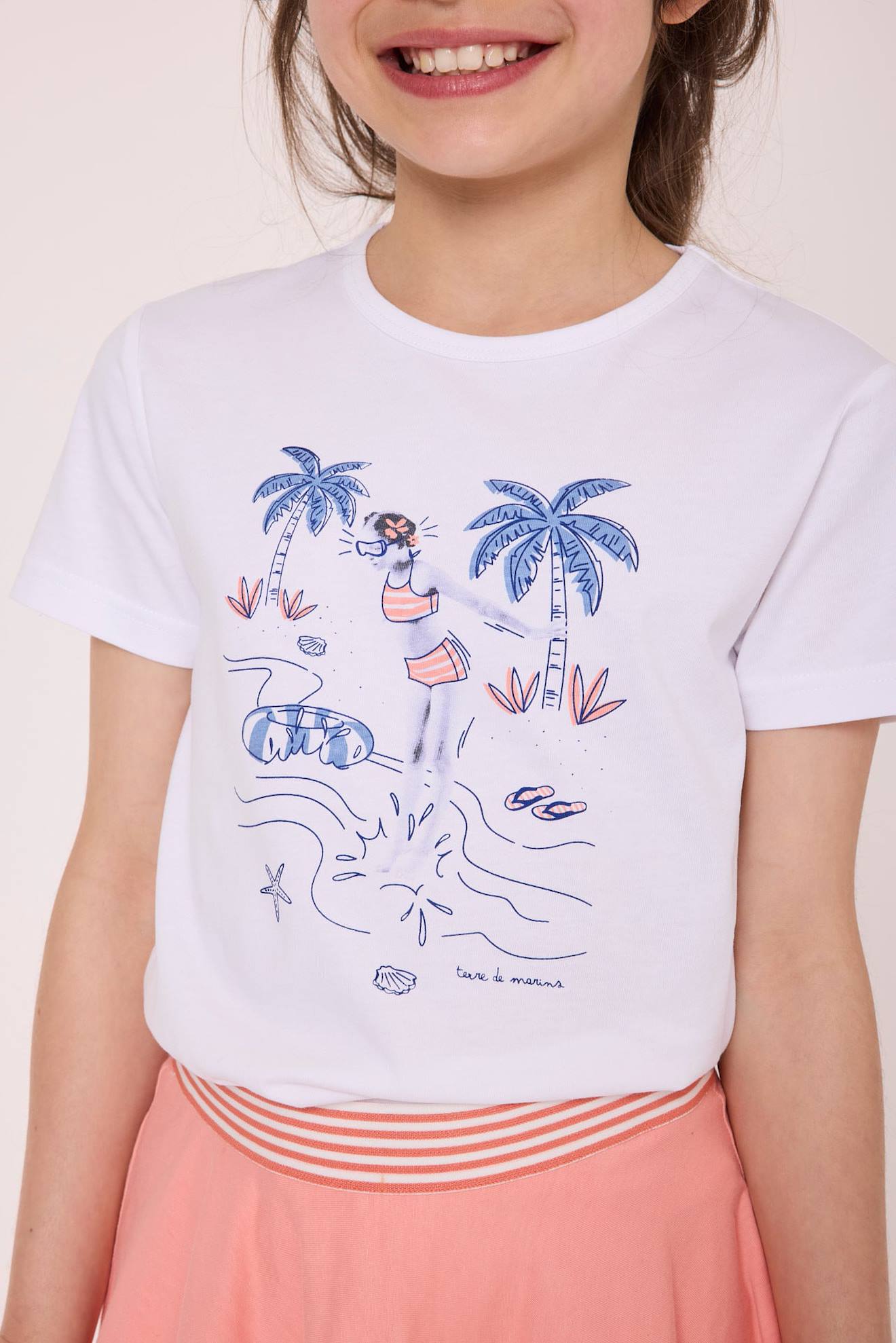 T-shirt Manches Courtes 100 Coton Fille Fond Blanc Imprime Rose 14 €