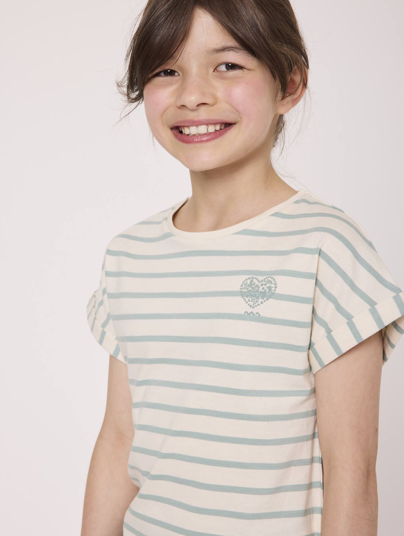 Mariniere Manches Courtes 100 Coton Fille Fond Grege Raye Vert 16$