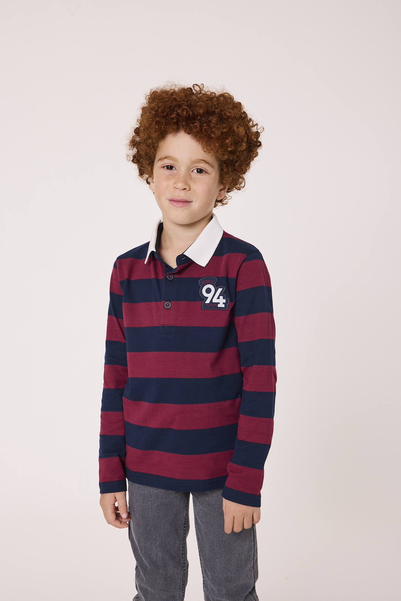 Polo Manches Longues 100% Coton Garçon Fond Indigo Raye Bordeaux