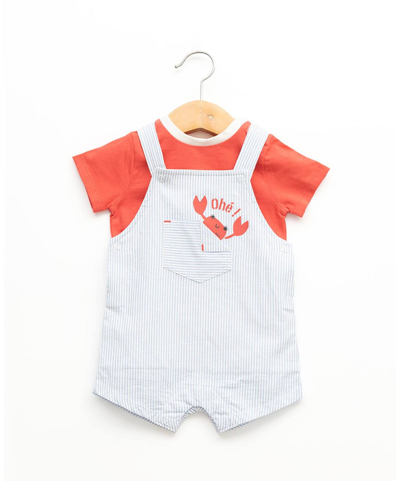 Ensemble Salopette Haut 100 Coton Bb Garon Fond Blanc Casse Raye Bleu 32$