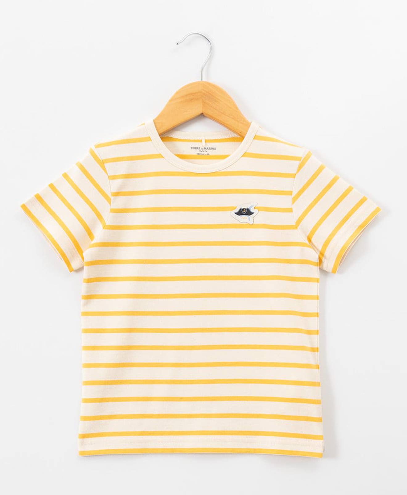 Mariniere Manches Courtes 100% Coton Garçon Fond Grege Raye Jaune Fonce