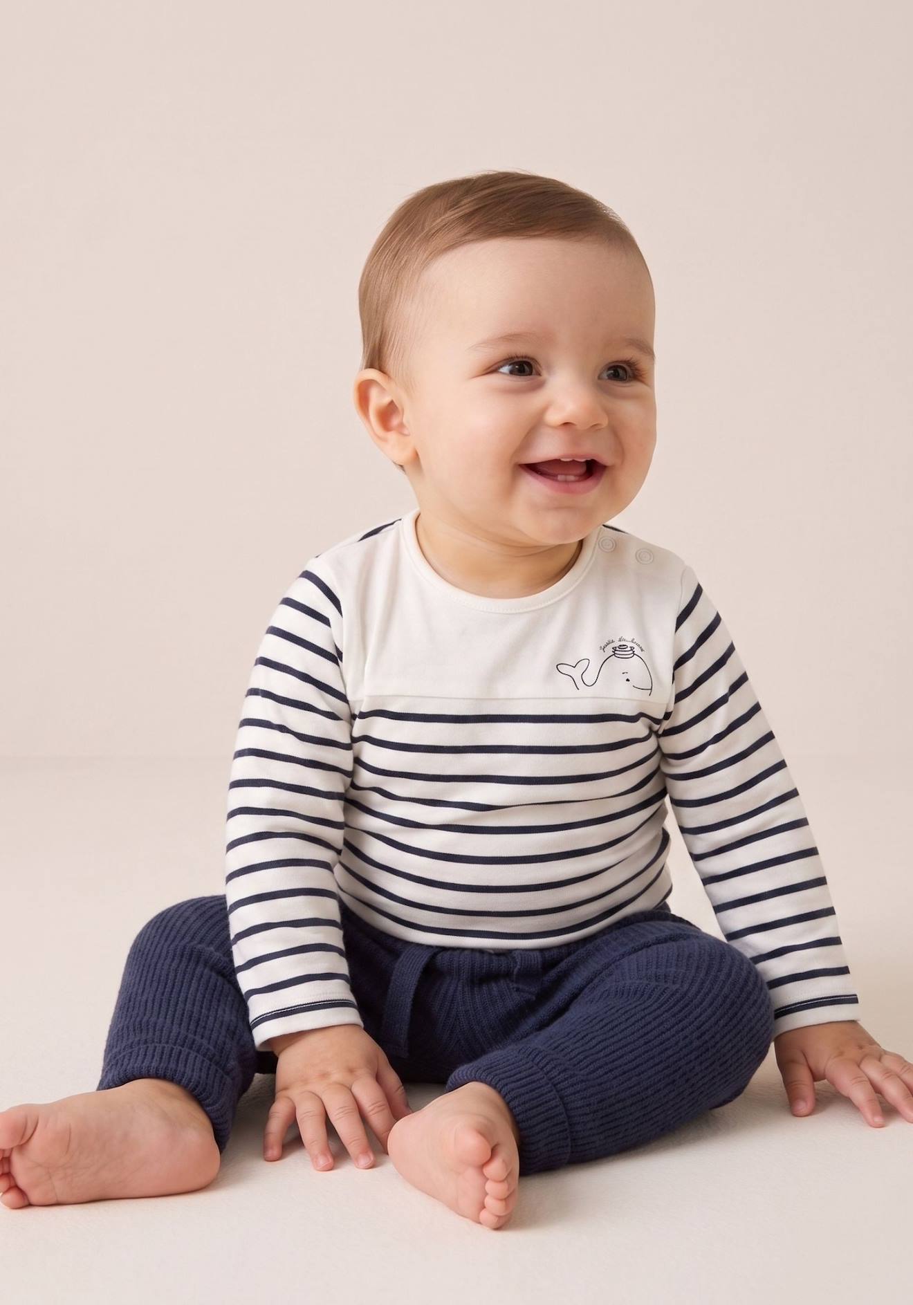 Body Manches Longues Bébé Fond Naturel Raye Indigo