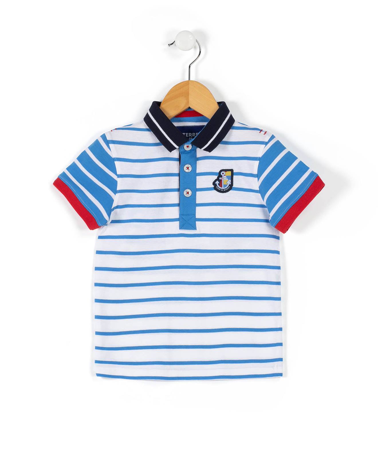 Polo Manches Courtes 100 Coton Garon Fond Blanc Raye Bleu 23$