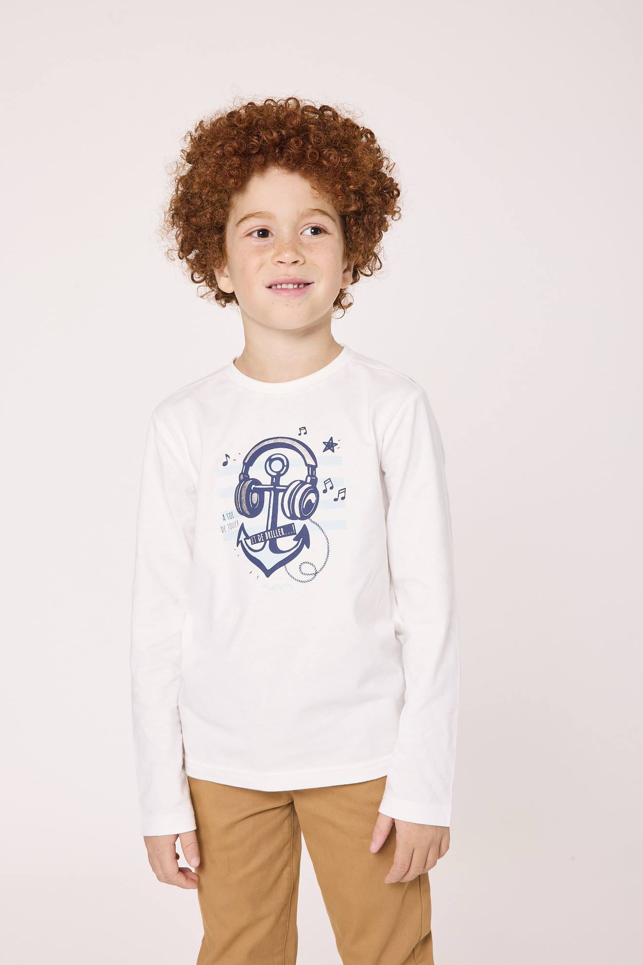 T-shirt Manches Longues 100 Coton Garon Fond Blanc Imprime Magique 18$
