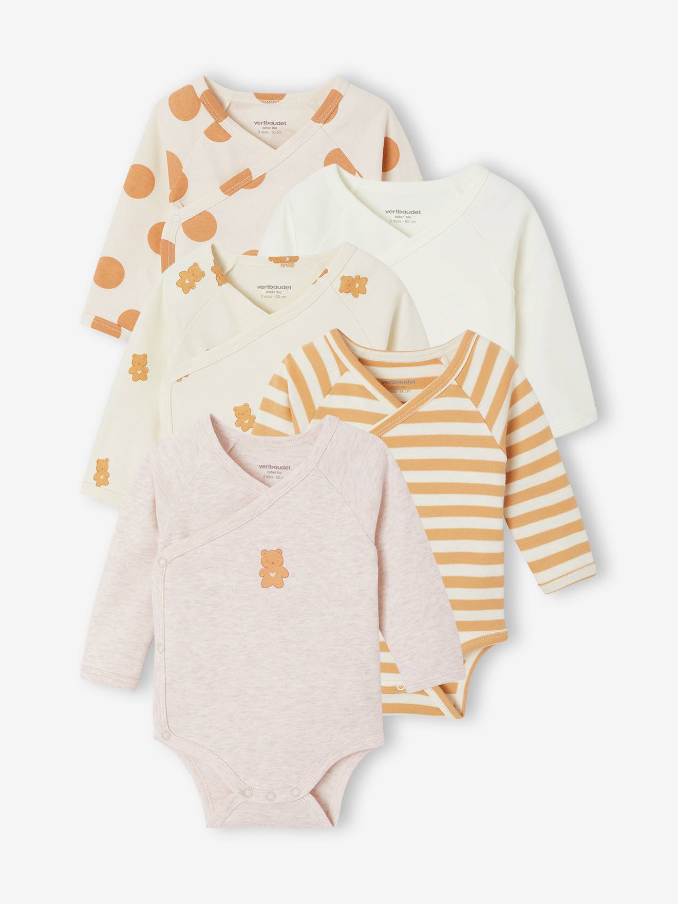 Lot de 5 bodies naissance manches longues beige